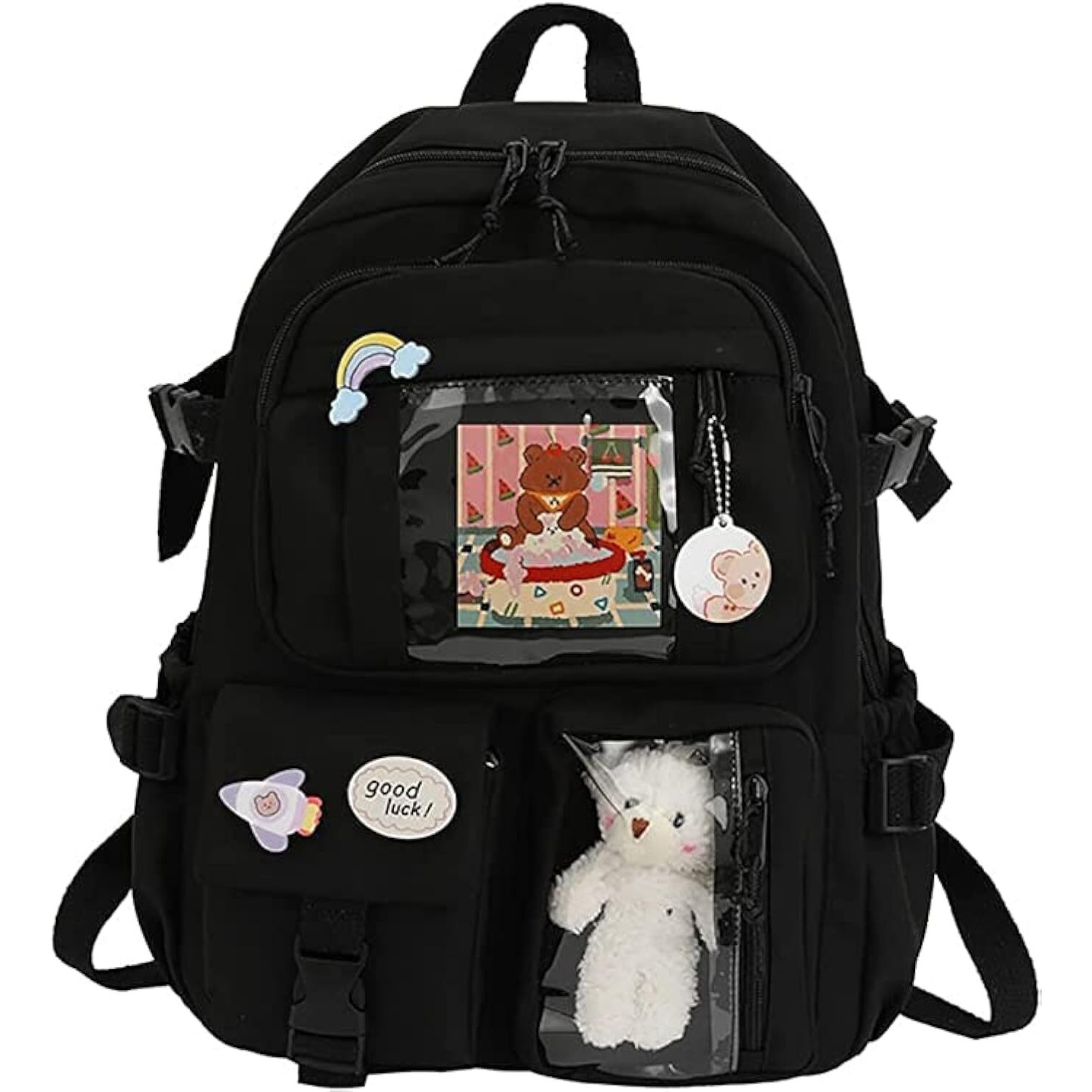 Mtroyaldia Kawaii Standard Backpack With Kawaii Pin And Accessories, Large Capacity Cute Bear Accessories Standard Backpack Multi Pocket Kawaii School Bag For Teen Girls (Black)