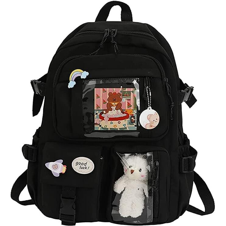 Mtroyaldia Kawaii Standard Backpack With Kawaii Pin And Accessories, Large Capacity Cute Bear Accessories Standard Backpack Multi Pocket Kawaii School Bag For Teen Girls (Black)