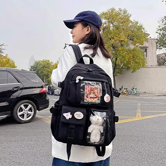 Mtroyaldia Kawaii Standard Backpack With Kawaii Pin And Accessories, Large Capacity Cute Bear Accessories Standard Backpack Multi Pocket Kawaii School Bag For Teen Girls (Black)