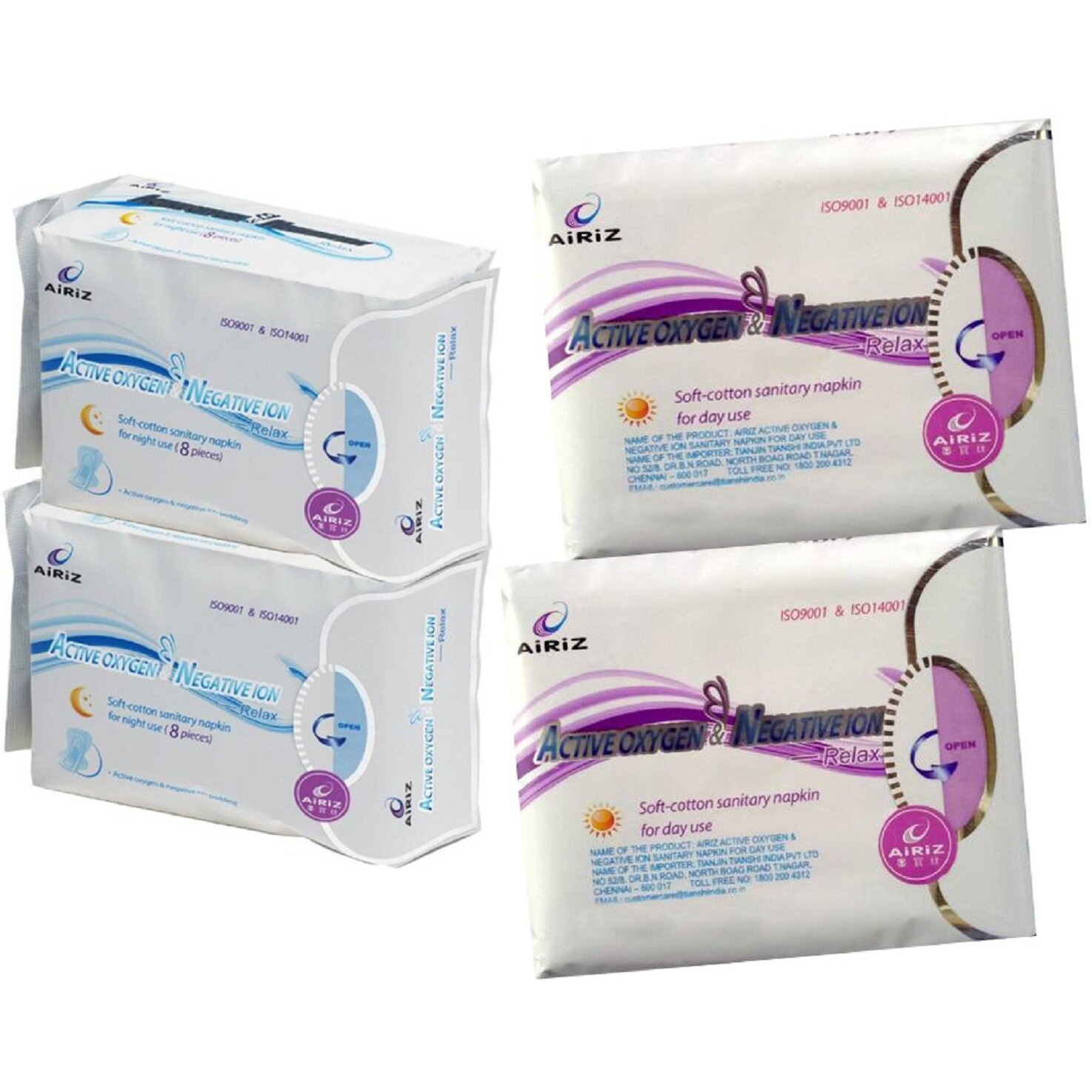 Airiz Active Oxygen And Negative Ion Soft-Cotton Sanitary Pads For Day And Night Use (36 Pieces) - Pack Of 4