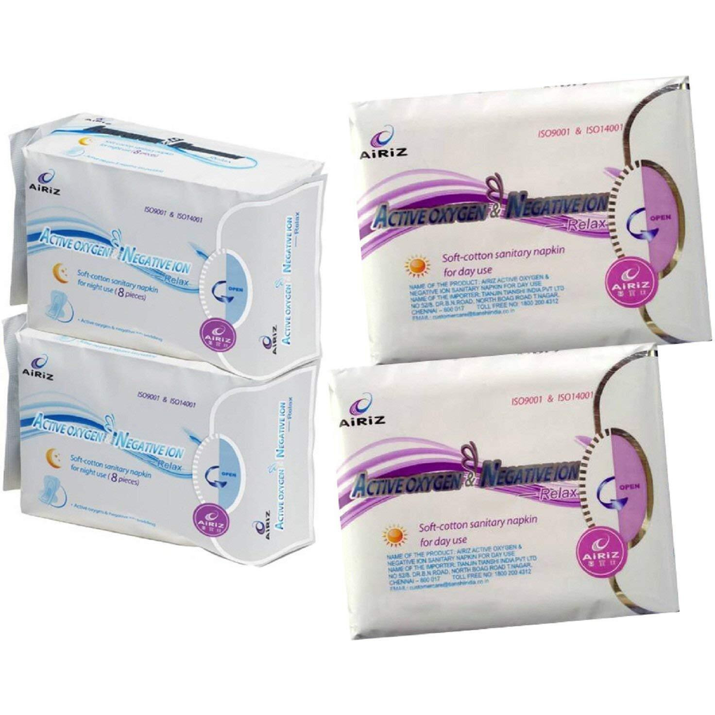 Airiz Active Oxygen And Negative Ion Soft-Cotton Sanitary Pads For Day And Night Use (36 Pieces) - Pack Of 4