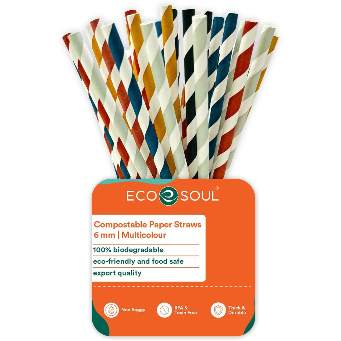 Eco Soul [6 Mm, 100 Count] Biodegradable Multicolor Paper Straws | Disposable Drinking Rainbow Eco-Friendly Compostable Paper Straws | Cocktail Cold Drink Juice Smoothie Non-Bendable Straws (Regular)