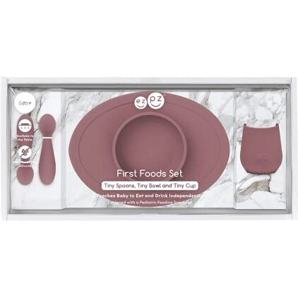 Ezpz First Food Set - 100% Food Grade Silicone Suction Bowl With Built-In Placemat, Training Cup & Spoon - Designed By A Pediatric Feeding Specialist - Promotes Self Feeding - 6 Months+ (Mauve)