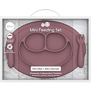 Ezpz Mini Feeding Set - 100% Food Grade Silicone Suction Plate, Spoon & Fork For Infants + Toddlers For Highchair, Dining Table - Promotes Baby Self-Feeding - Microwave Safe - 12 Months+ (Mauve)