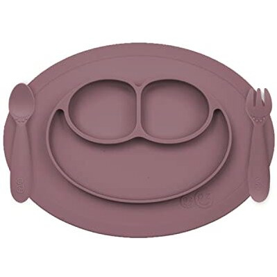 Ezpz Mini Feeding Set - 100% Food Grade Silicone Suction Plate, Spoon & Fork For Infants + Toddlers For Highchair, Dining Table - Promotes Baby Self-Feeding - Microwave Safe - 12 Months+ (Mauve)
