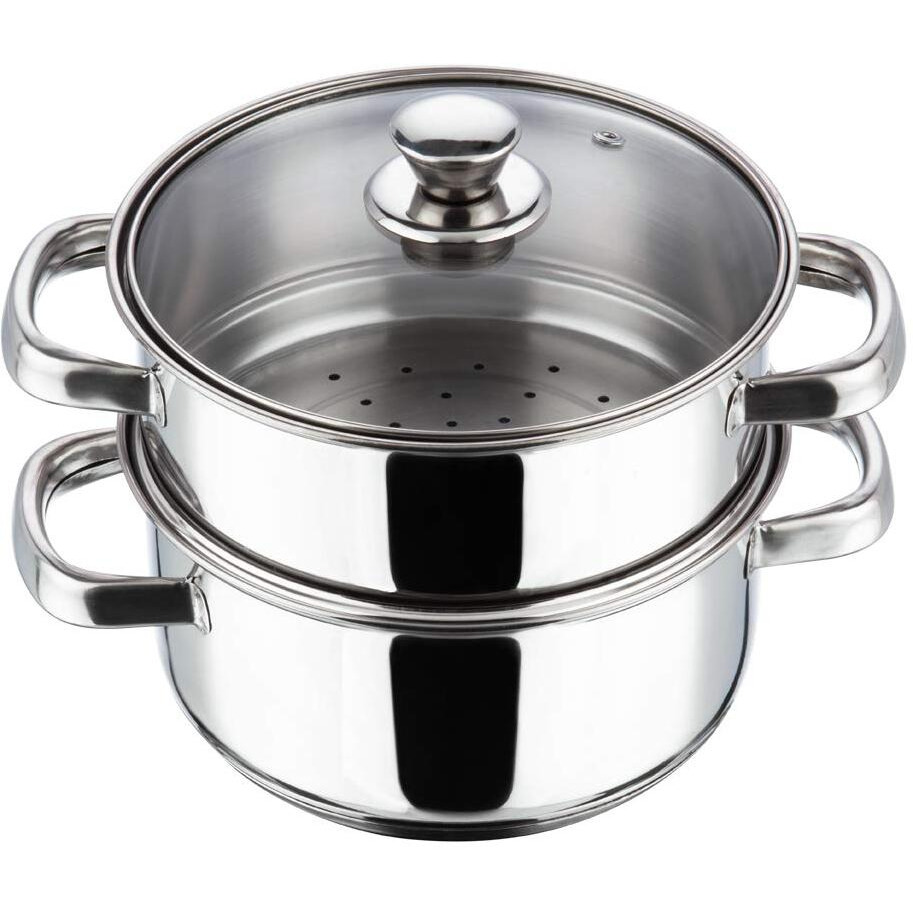 Vinod Stainless Steel Steamer 2 Tier With Glass Lid 18 Cm | 2.5 Mm Thick Base | Multi Purpose Momos, Modak Maker Steamer | Induction And Gas Base | 2 Year Warranty - Silver