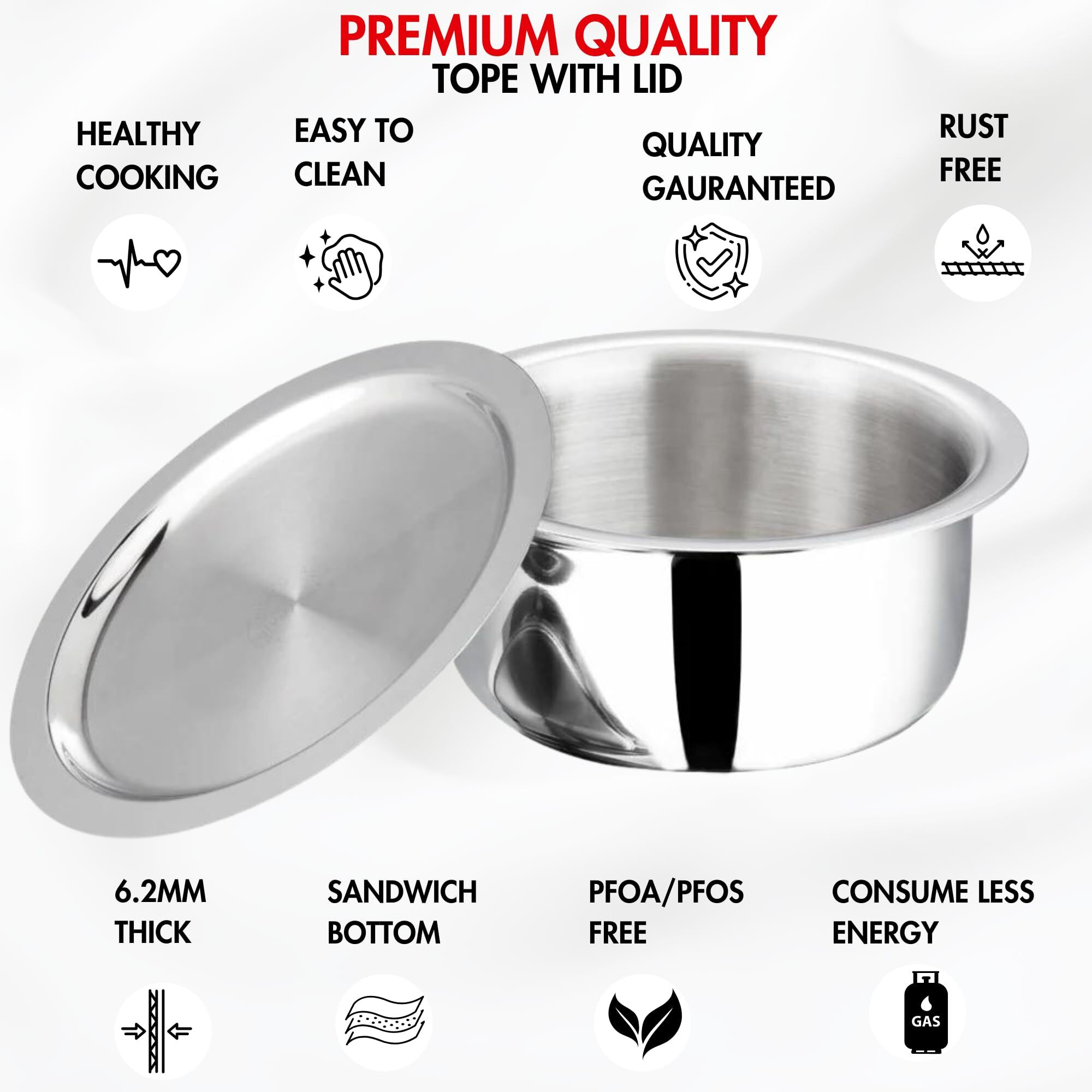 Vinod Platinum Triply Stainless Steel Tope With Stainless Steel Lid 3.5 Litres Capacity (20 Cm Diameter) - Silver (Induction And Gas Stove Friendly), 5 Years Warranty