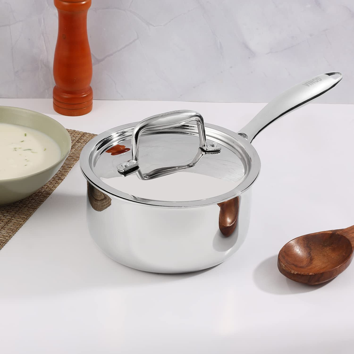 Vinod Platinum Triply Stainless Steel Saucepan With Lid - 1.2 Litres (14 Cm) | 2.5 Mm Thick | Tea, Chai Pan | 5 Year Warranty | Induction & Gas Friendly, Heavy Bottom - Silver