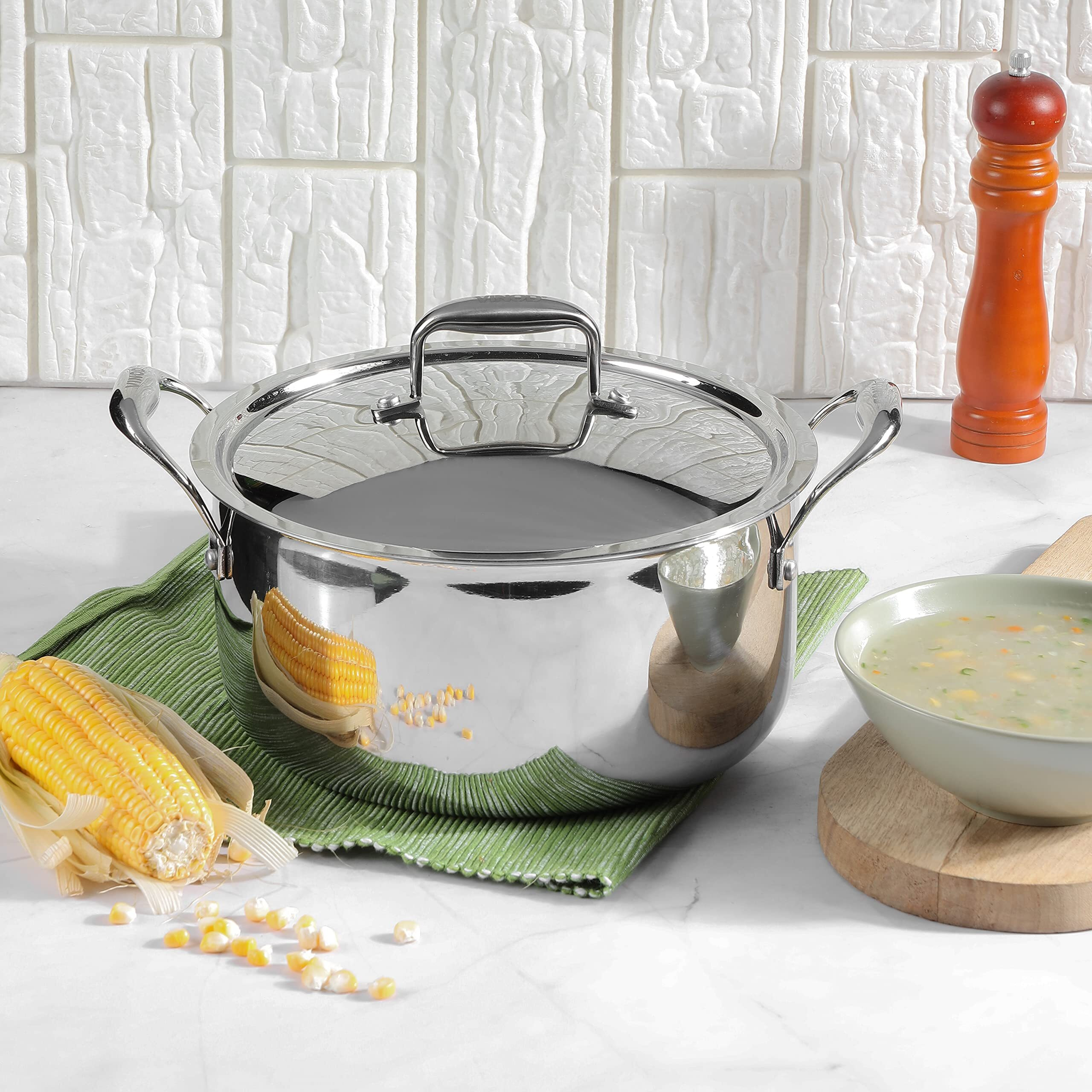 Vinod Platinum Triply Stainless Steel Saucepot With Lid - 8 Litre, 30 Cm | 2.5Mm Thick | Sas Bottom | Biryani Pot | Induction And Gas Base | 5 Year Warranty - Silver