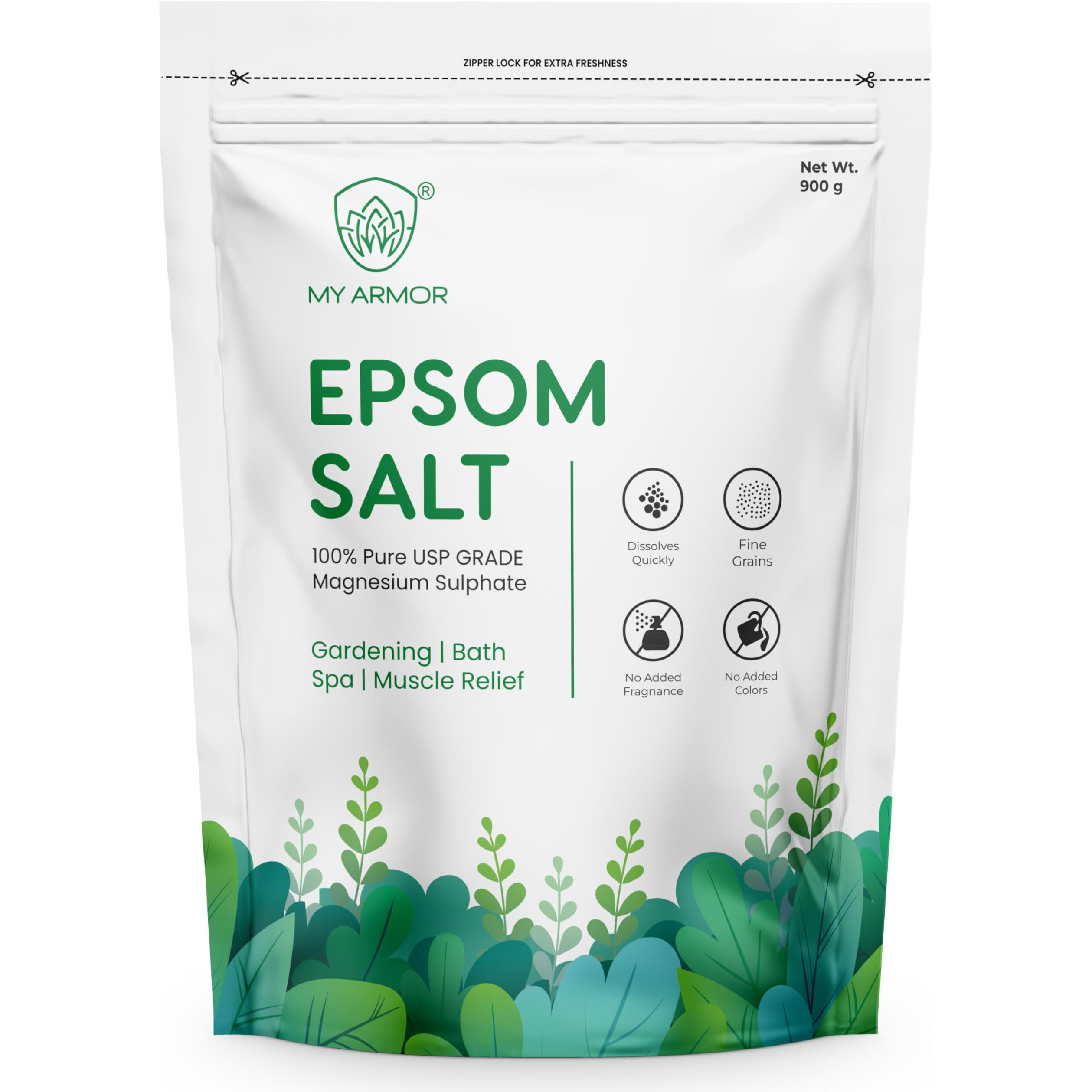 My Armor Epsom Bath Salt- 100% Pure Usp Grade Salt , Relieves Muscle Aches And Pain , Good For Gardening, White, Unflavored, Free Scoop, 900G