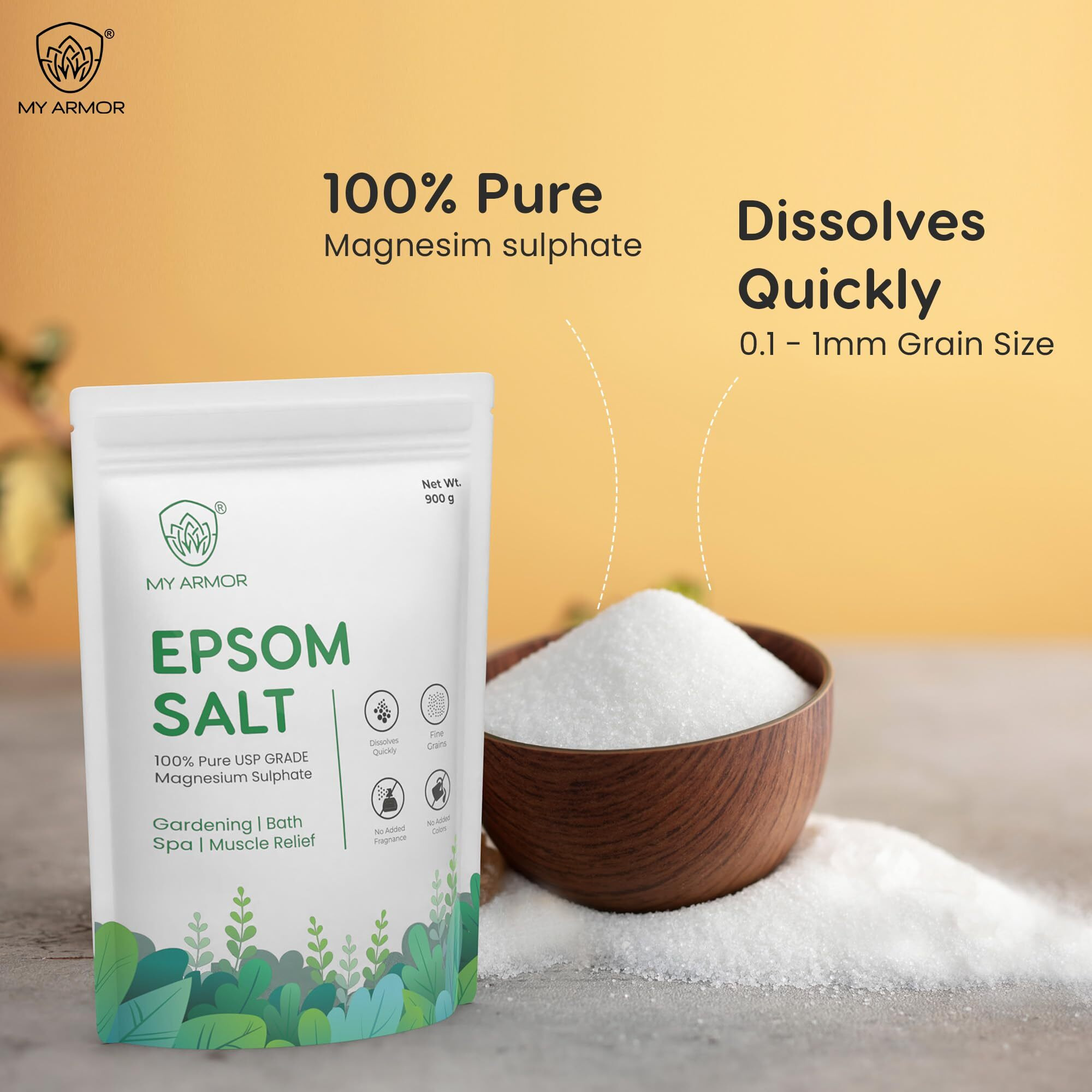 My Armor Epsom Bath Salt- 100% Pure Usp Grade Salt , Relieves Muscle Aches And Pain , Good For Gardening, White, Unflavored, Free Scoop, 900G