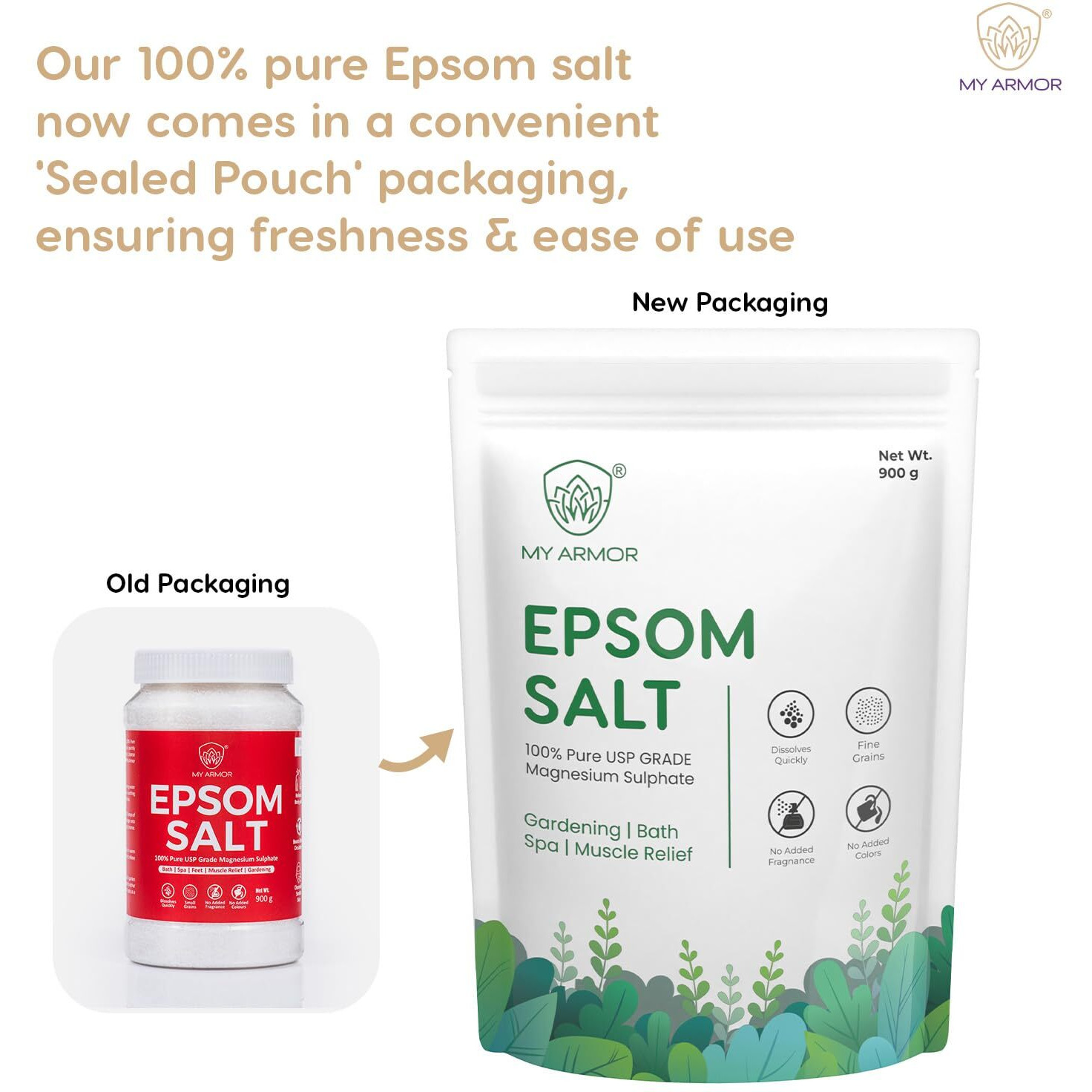 My Armor Epsom Bath Salt- 100% Pure Usp Grade Salt , Relieves Muscle Aches And Pain , Good For Gardening, White, Unflavored, Free Scoop, 900G