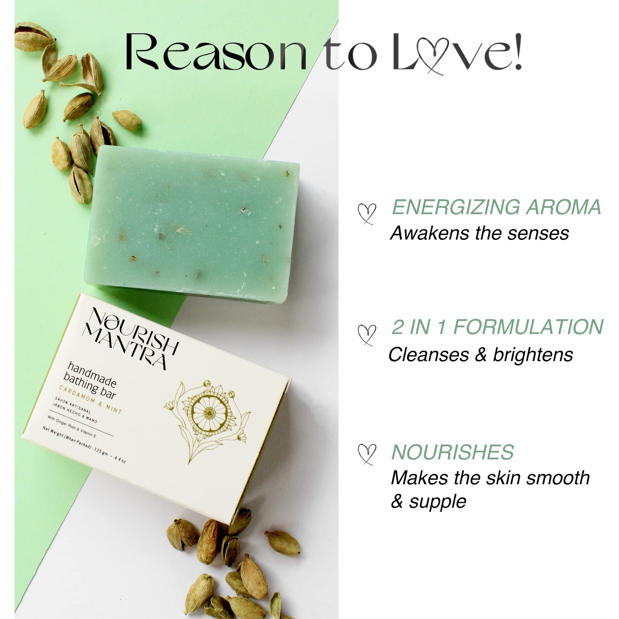 Nourish Mantra Handmade Bathing Soap (Cardamom & Mint) -125 Gm | No. 1 Soap | Fights Skin Infection | 100% Natural Soap | Handmade With No Artificial Fragrance
