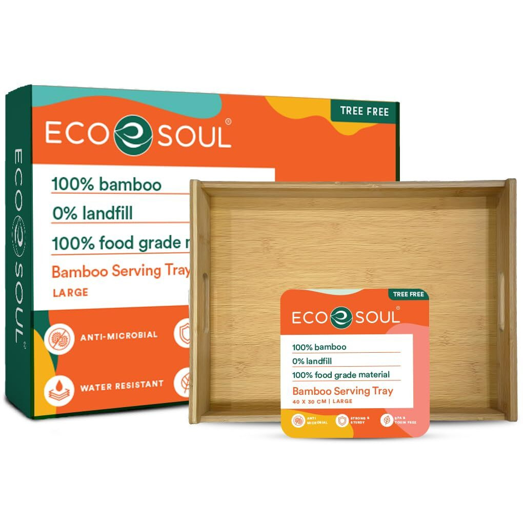 Eco Soul [12 X 16 Inch] Organic Bamboo Wooden Serving Tray W/Handles | Sturdy, Large | For Breakfast, Coffee, Lunch Or Dinner Or Watching Tv, Serving Platter For Party, Picnic (30 X 41 Cm)
