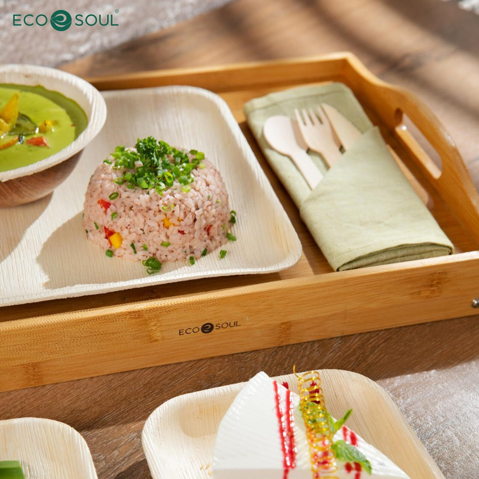 Eco Soul [12 X 16 Inch] Organic Bamboo Wooden Serving Tray W/Handles | Sturdy, Large | For Breakfast, Coffee, Lunch Or Dinner Or Watching Tv, Serving Platter For Party, Picnic (30 X 41 Cm)