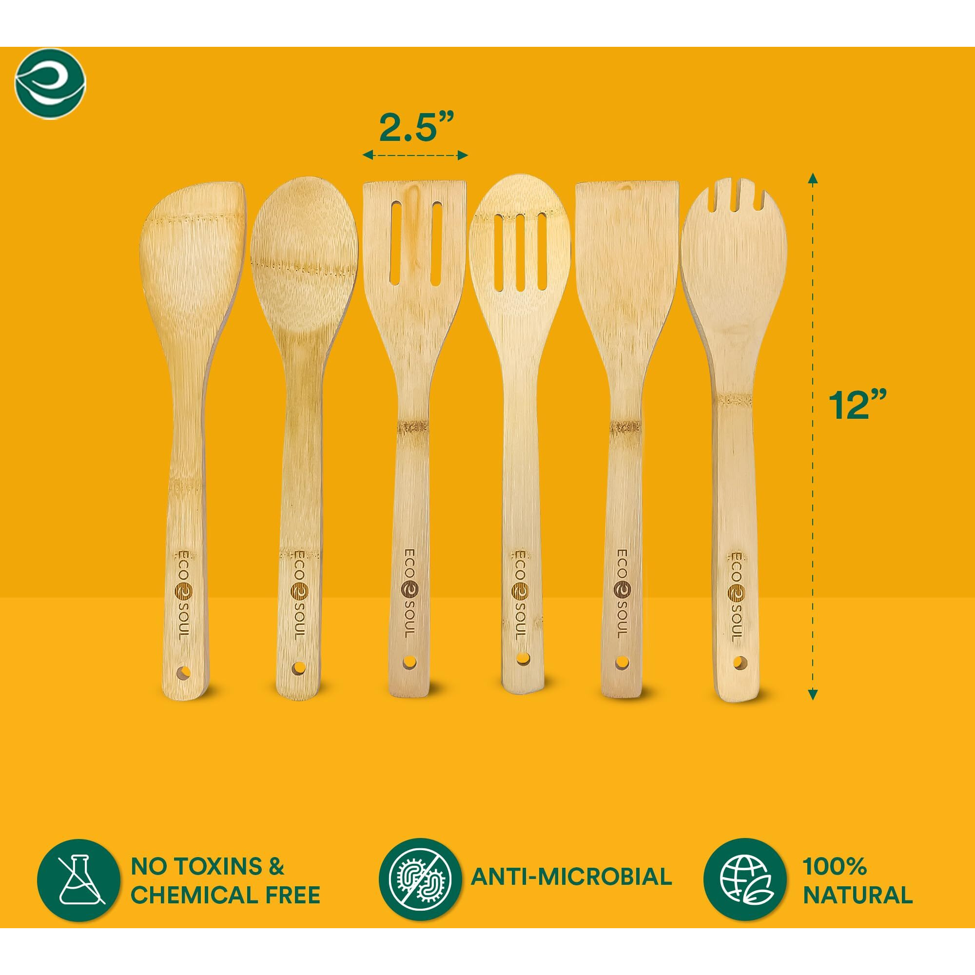 Eco Soul [Set Of 6] Bamboo Cooking Utensils | Non-Stick Wooden Spoons, Ladles & Turners | Bamboo Wood Kitchen Accessories For Cooking, Serving, Mixing | Usda Certified,30 Centimeter