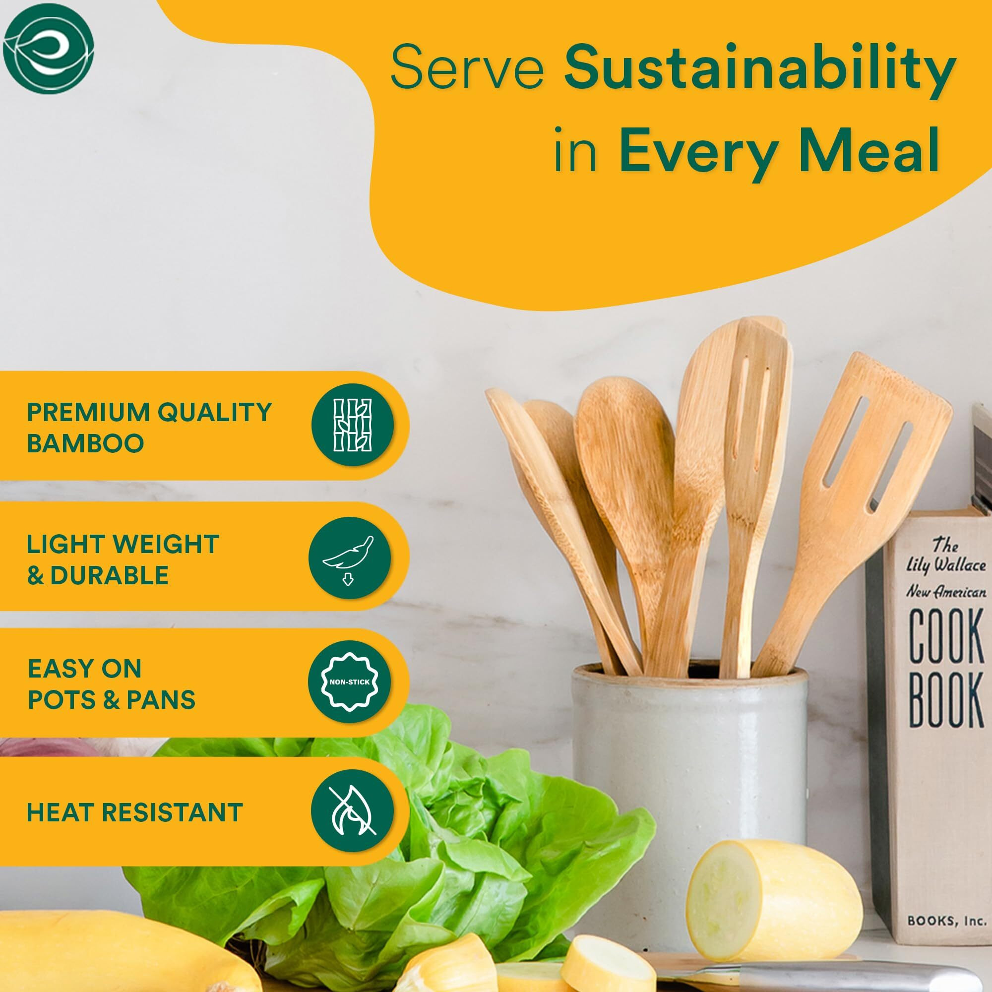 Eco Soul [Set Of 6] Bamboo Cooking Utensils | Non-Stick Wooden Spoons, Ladles & Turners | Bamboo Wood Kitchen Accessories For Cooking, Serving, Mixing | Usda Certified,30 Centimeter