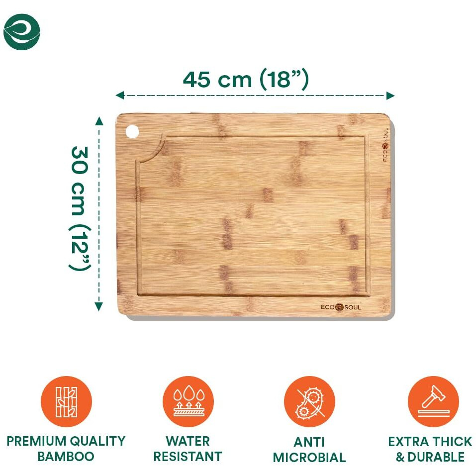 Eco Soul [18 X 12 Inch, X Large] Bamboo Cutting Board | Wooden Vegetable Chopping Board | Bamboo Wood Kitchen Accessories (46 X 30 Cm)