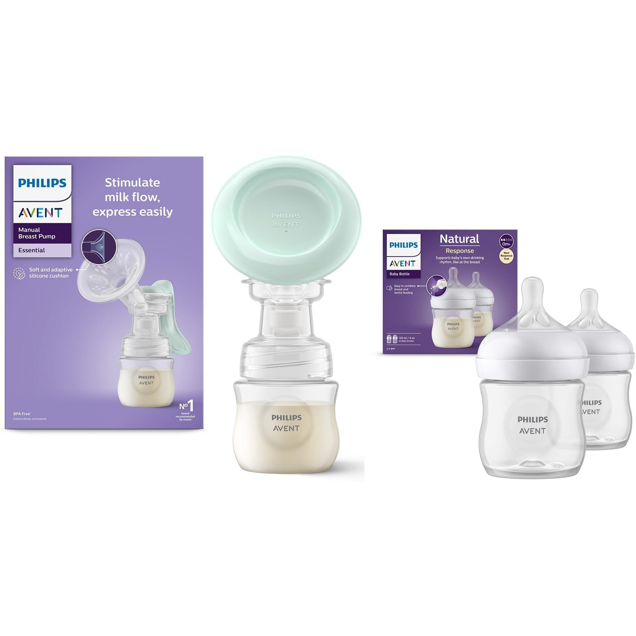 Philips Avent Essential Manual Breast Pump | Easy Silicone Massage Cushion & Ergonomic Handle, Soft & Gentle, Bpa Free + 125Ml Natural Twin Bottle Combo (Scf417/11 + Scy900/02) By Fratelli