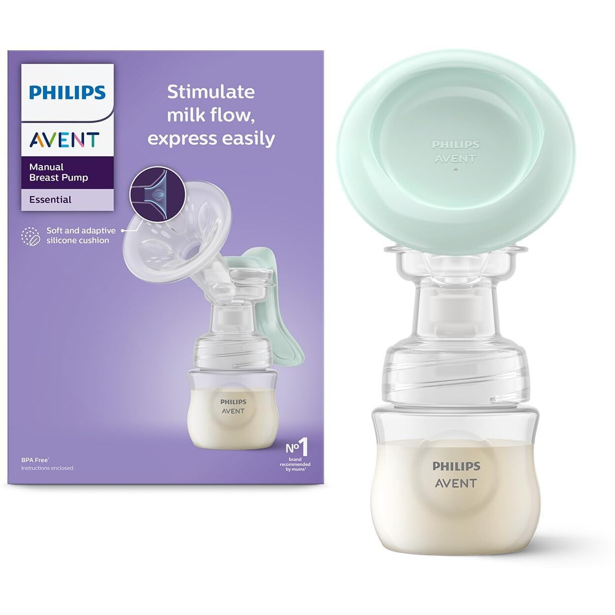 Philips Avent Essential Manual Breast Pump | Easy Silicone Massage Cushion & Ergonomic Handle, Soft & Gentle, Bpa Free + 125Ml Natural Twin Bottle Combo (Scf417/11 + Scy900/02) By Fratelli