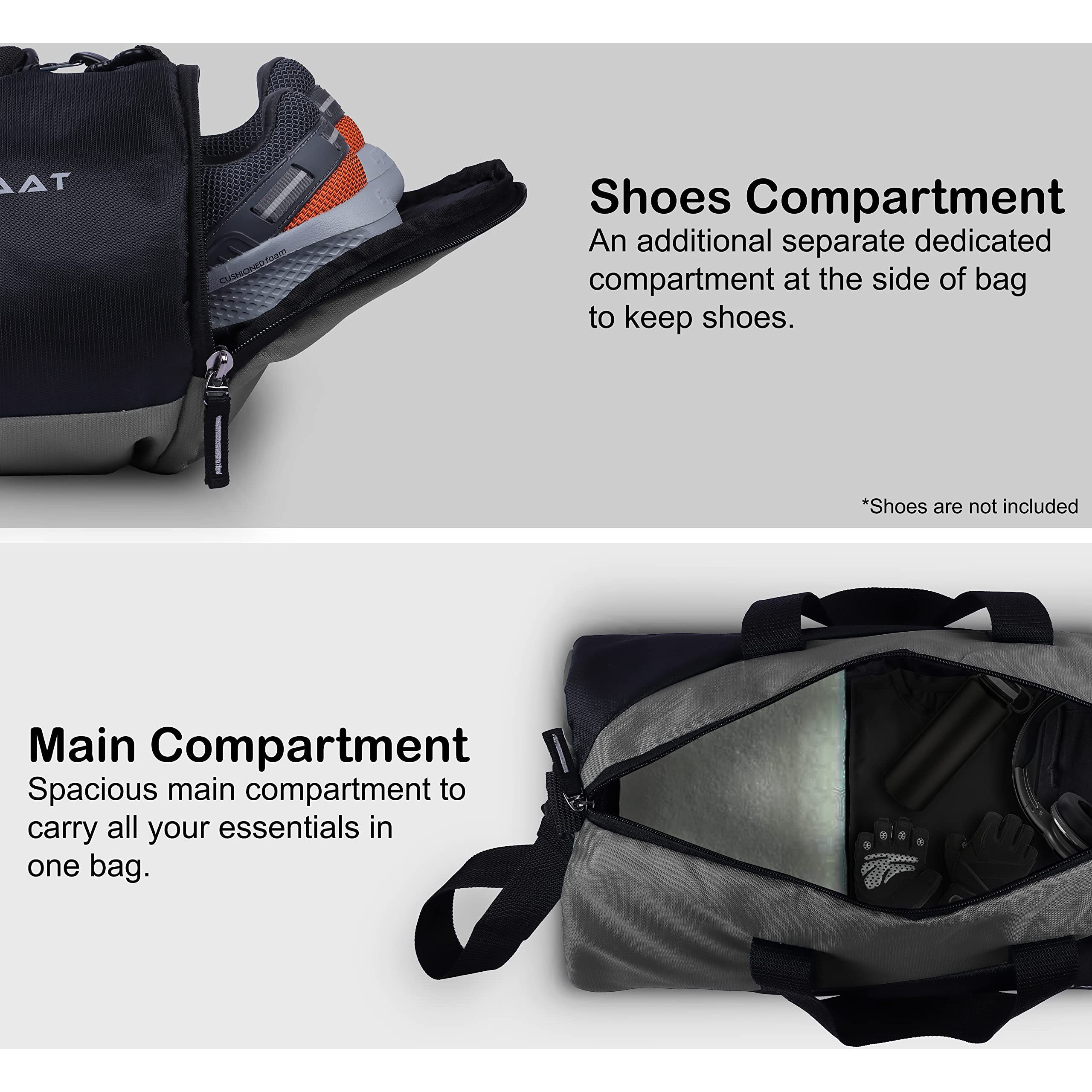 Nabaat Polyester Gym Bags For Men And Women Duffle Bag/Sports Bag/Shoulder Side Bag For Travel, Water Resistant With Shoe Compartment (Grey_Black, Gmb-Grbk2)