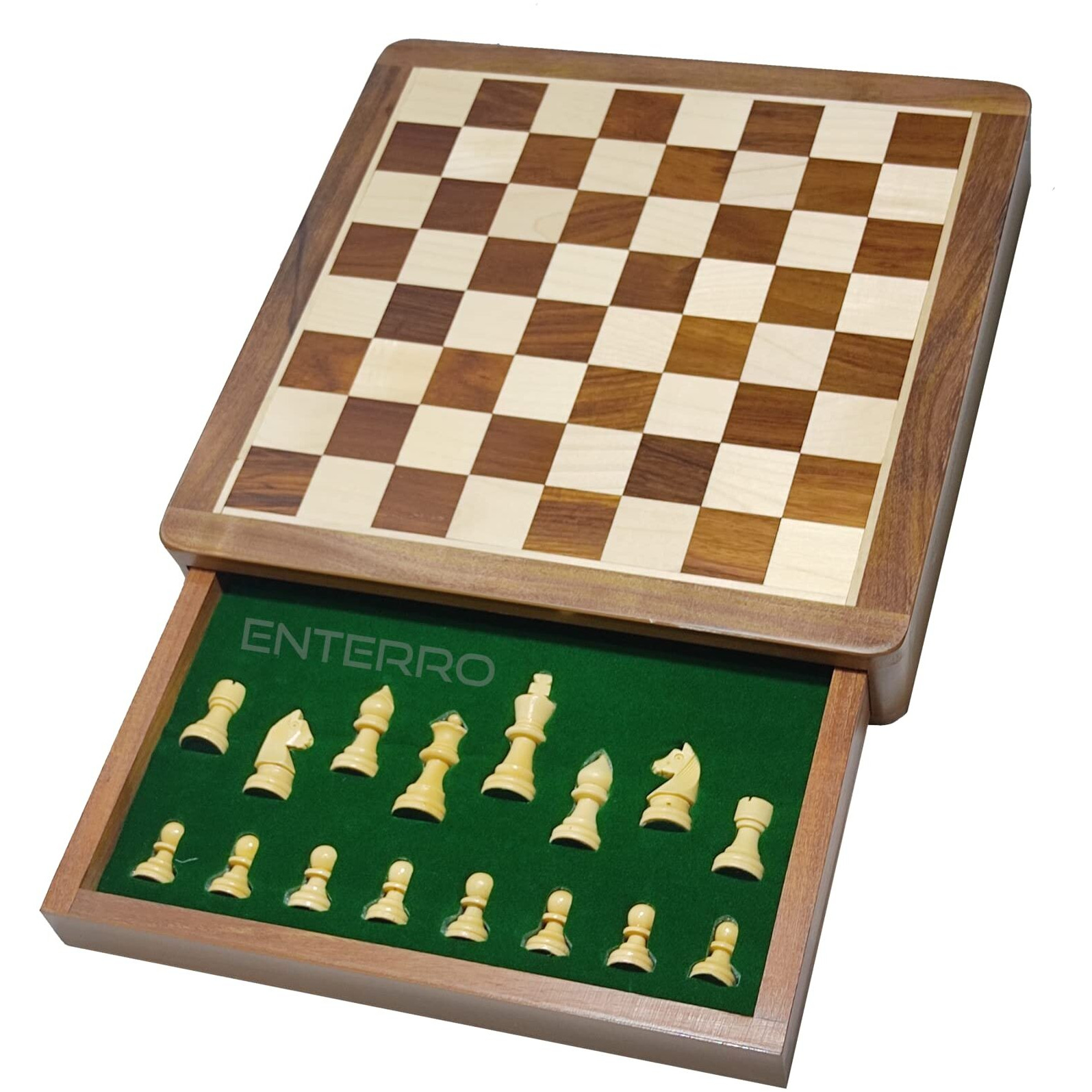 Enterro Wooden Drawer Chess Set 10 X 10 Inch With Magnetic Chessman Coins - Handcrafted Indoor Game & Travel Friendly For Kids Adults 10 Inch