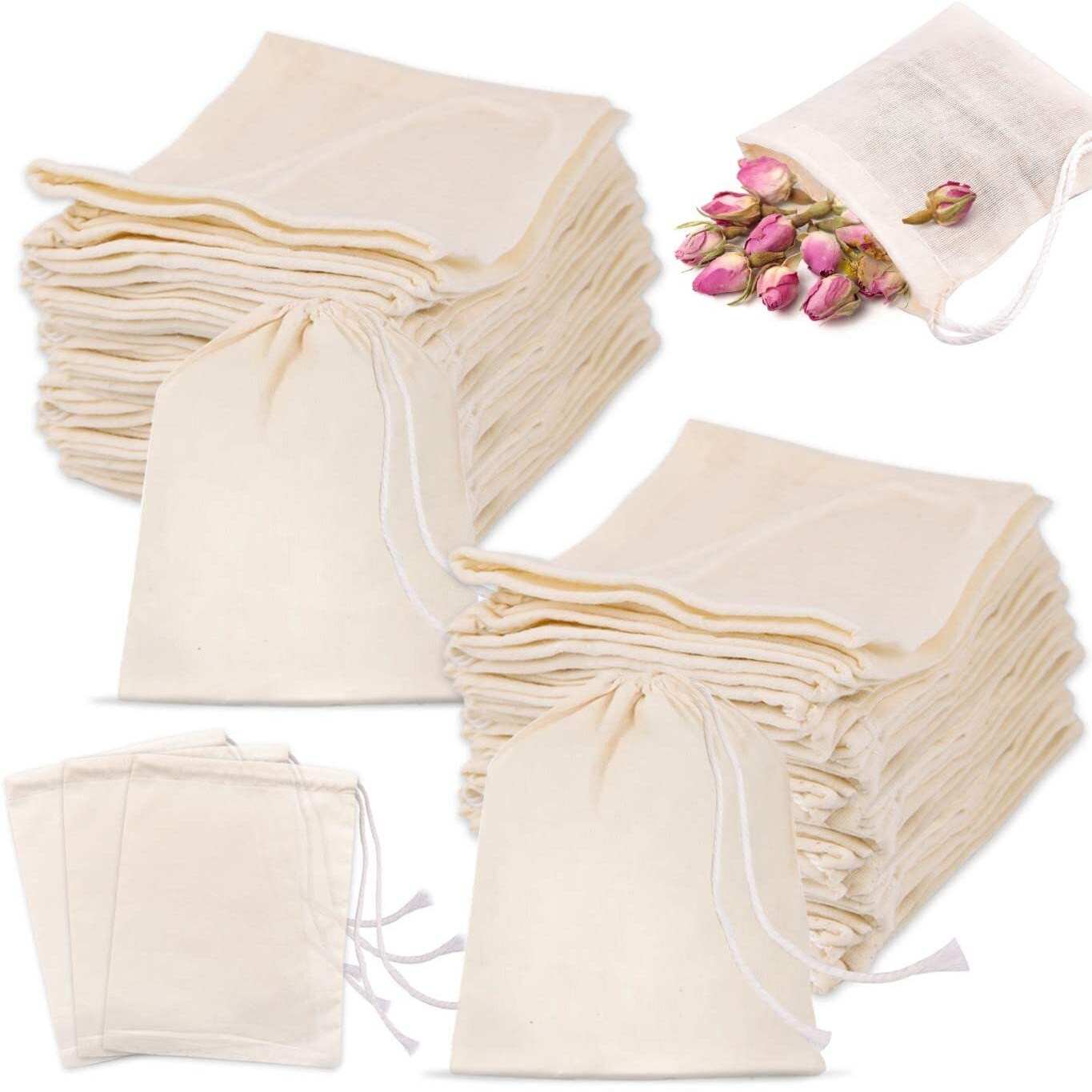 Nj Overseas Cotton Drawstring Muslin Bag 3X4 Inches, Coin Pouch,Herb Bag,Pouch For Wedding Party,Jewellery Bag,Gift Wrap Pack Bag, Ring Pouch, Party Gift Packing, Travel Pouch 20 Pcs, Off White