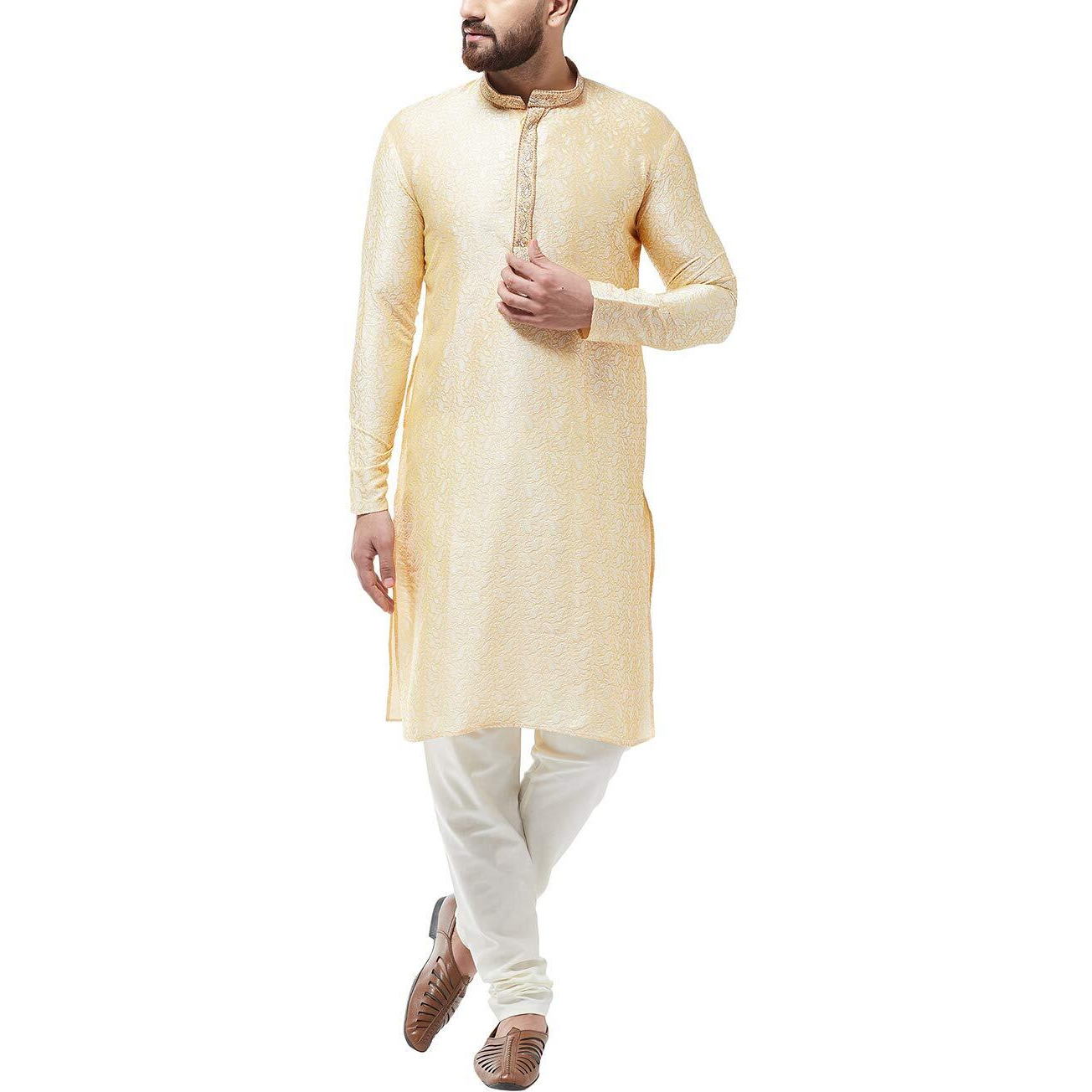 Sojanya Men's Silk Blend Gold Kurta And Off White Churidar Pyjama Set