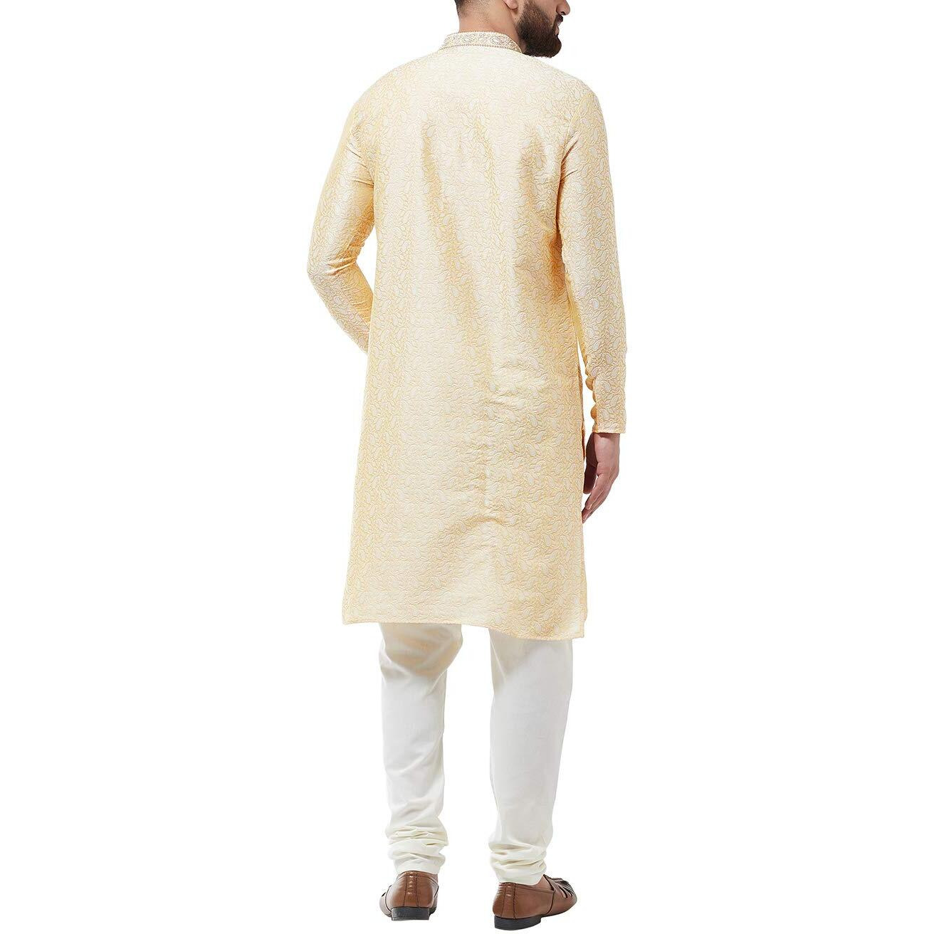Sojanya Men's Silk Blend Gold Kurta And Off White Churidar Pyjama Set