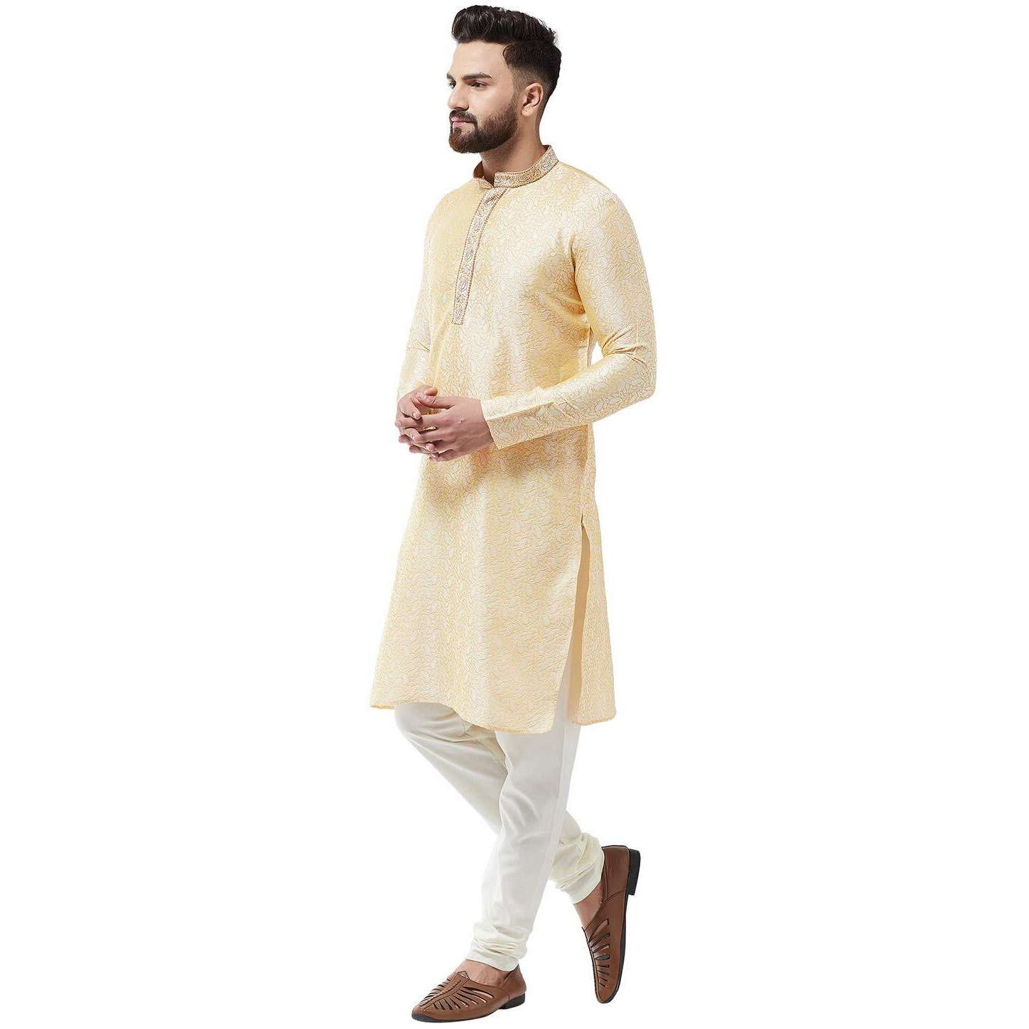 Sojanya Men's Silk Blend Gold Kurta And Off White Churidar Pyjama Set