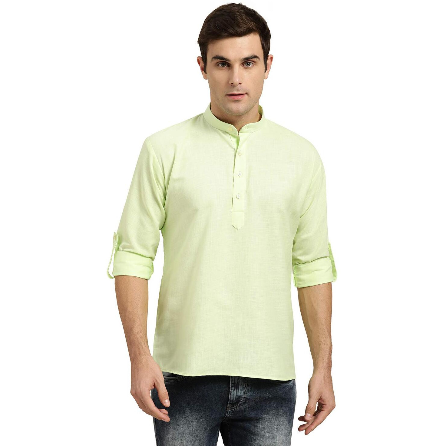 Sojanya (Since 1958, Men's Cotton Green Short Kurta, Size 42