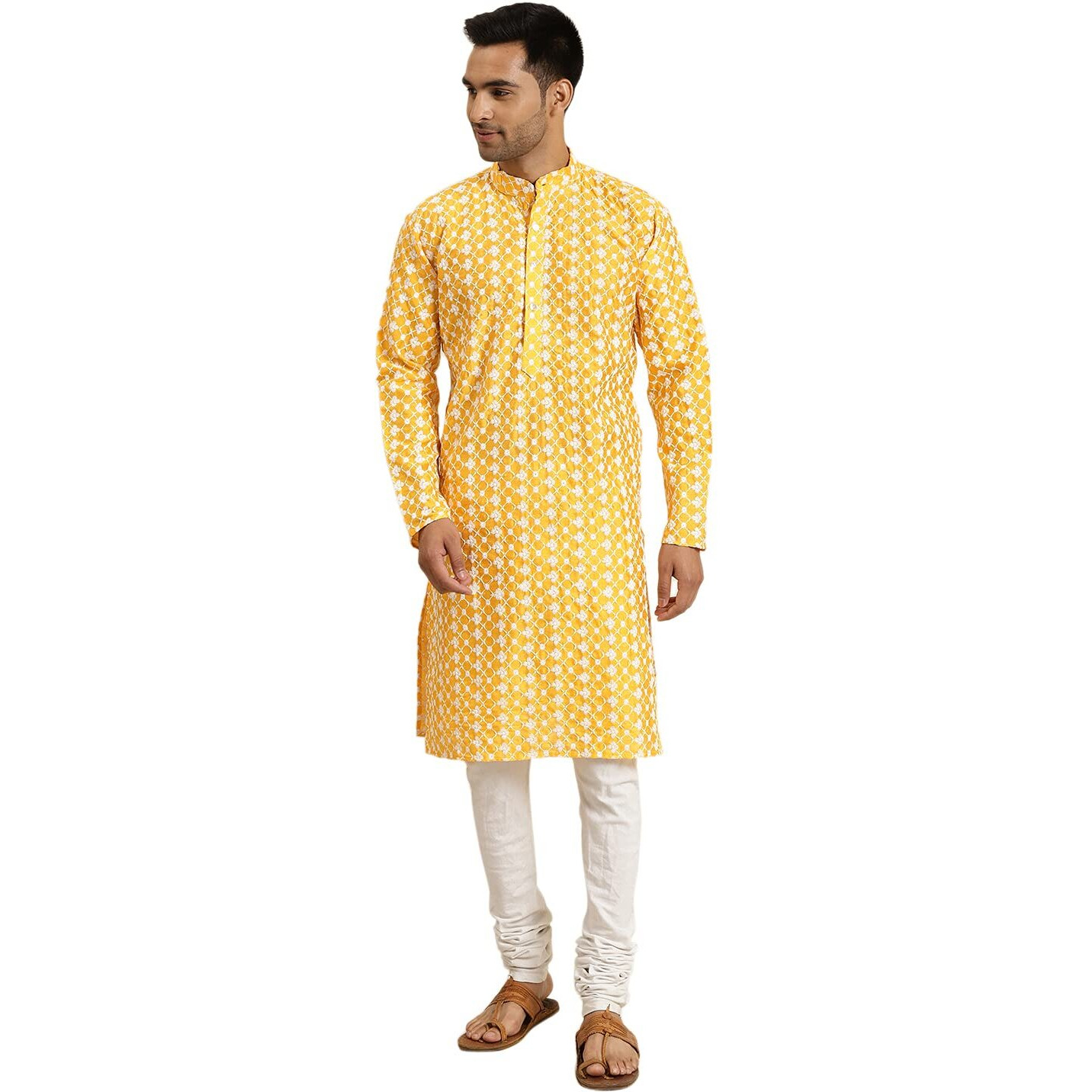 Sojanya (Since 1958, Men's Silk Blend Yellow Embroidered Only Kurta, Size  42