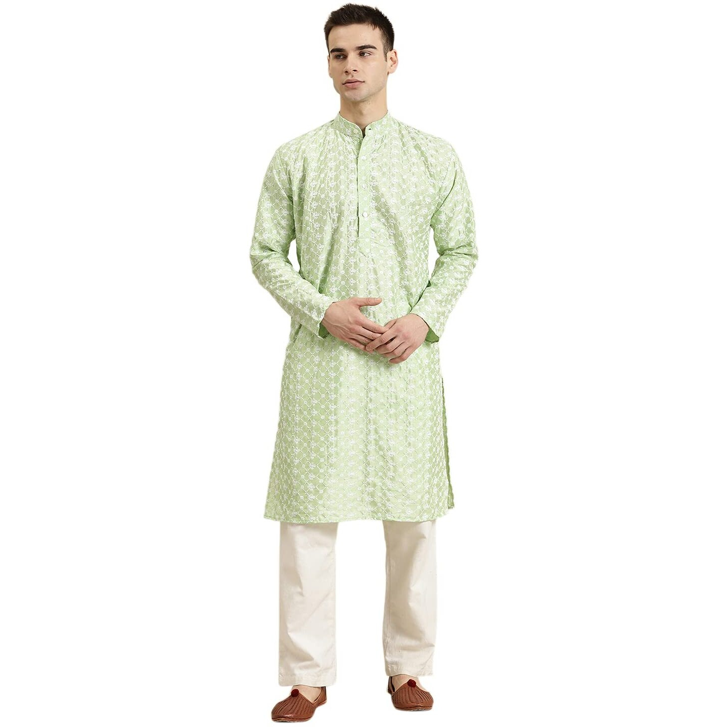 Sojanya (Since 1958, Men's Silk Blend Sea Green Embroidered Only Kurta, Size  36
