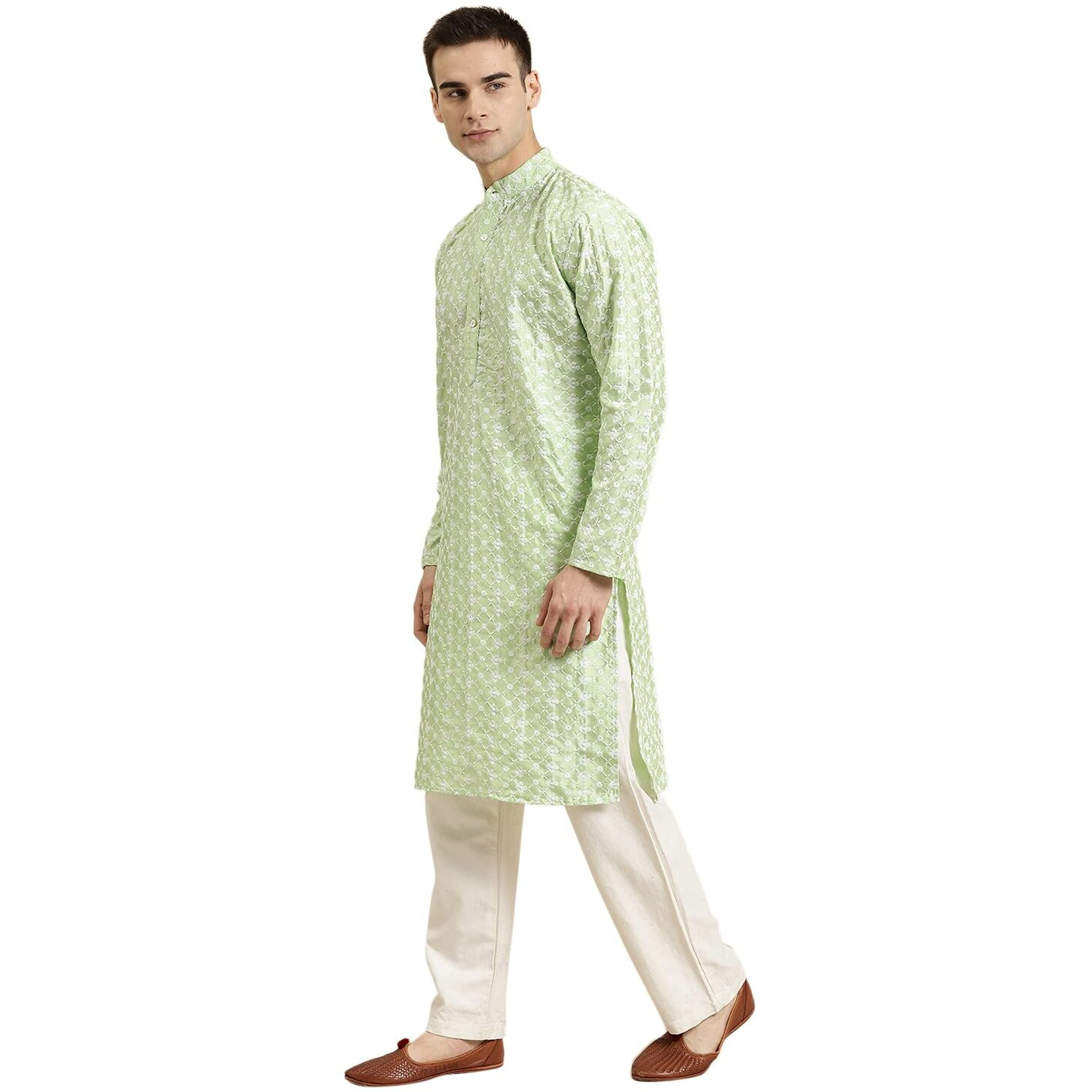 Sojanya (Since 1958, Men's Silk Blend Sea Green Embroidered Only Kurta, Size  36