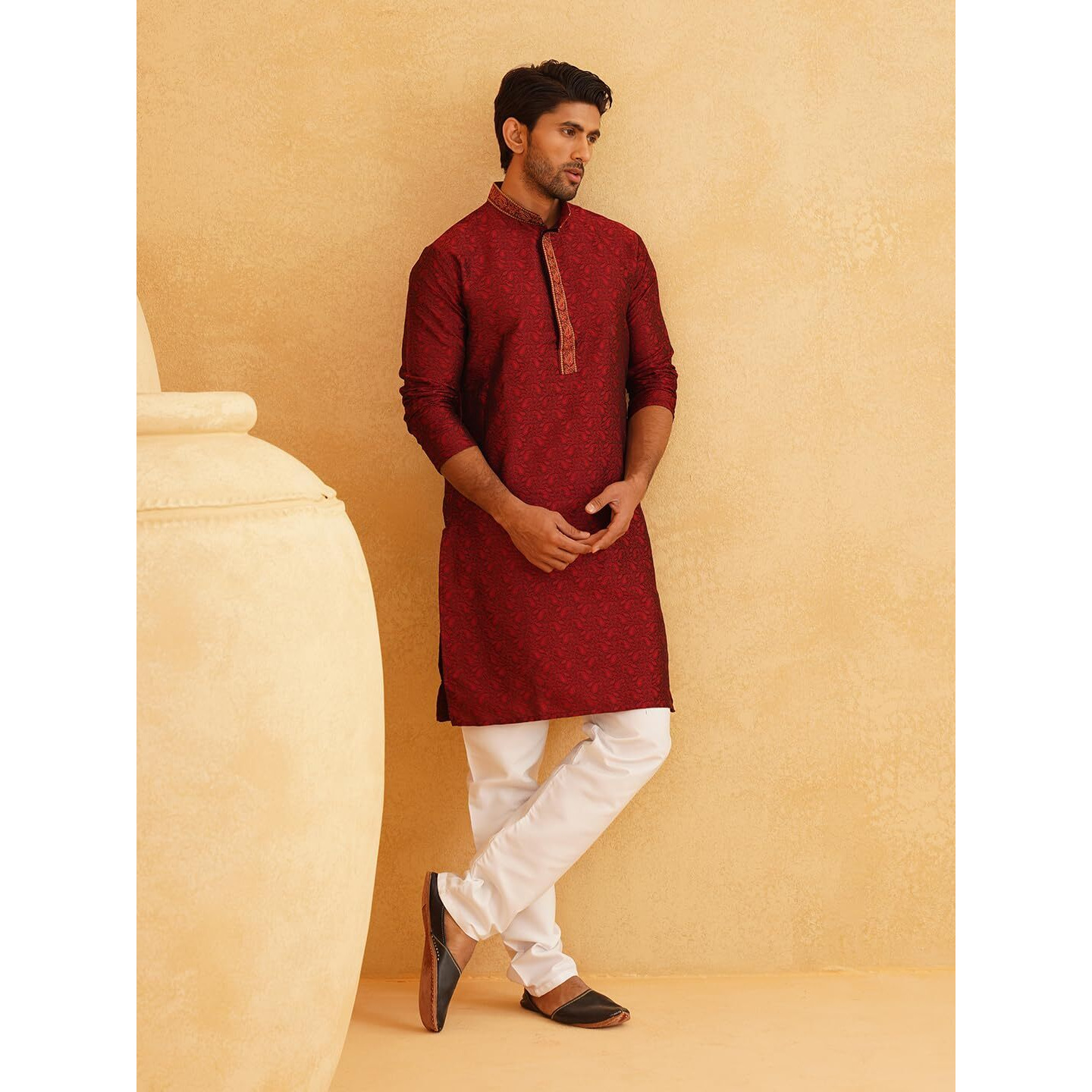 Sojanya Men's Silk Blend Maroon Kurta And Off White Churidar Pyjama Set
