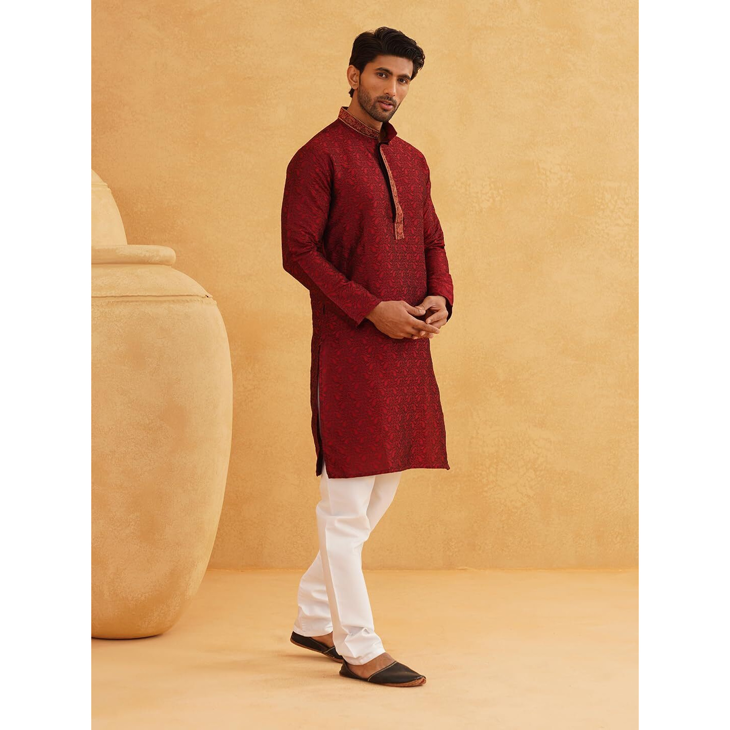Sojanya Men's Silk Blend Maroon Kurta And Off White Churidar Pyjama Set