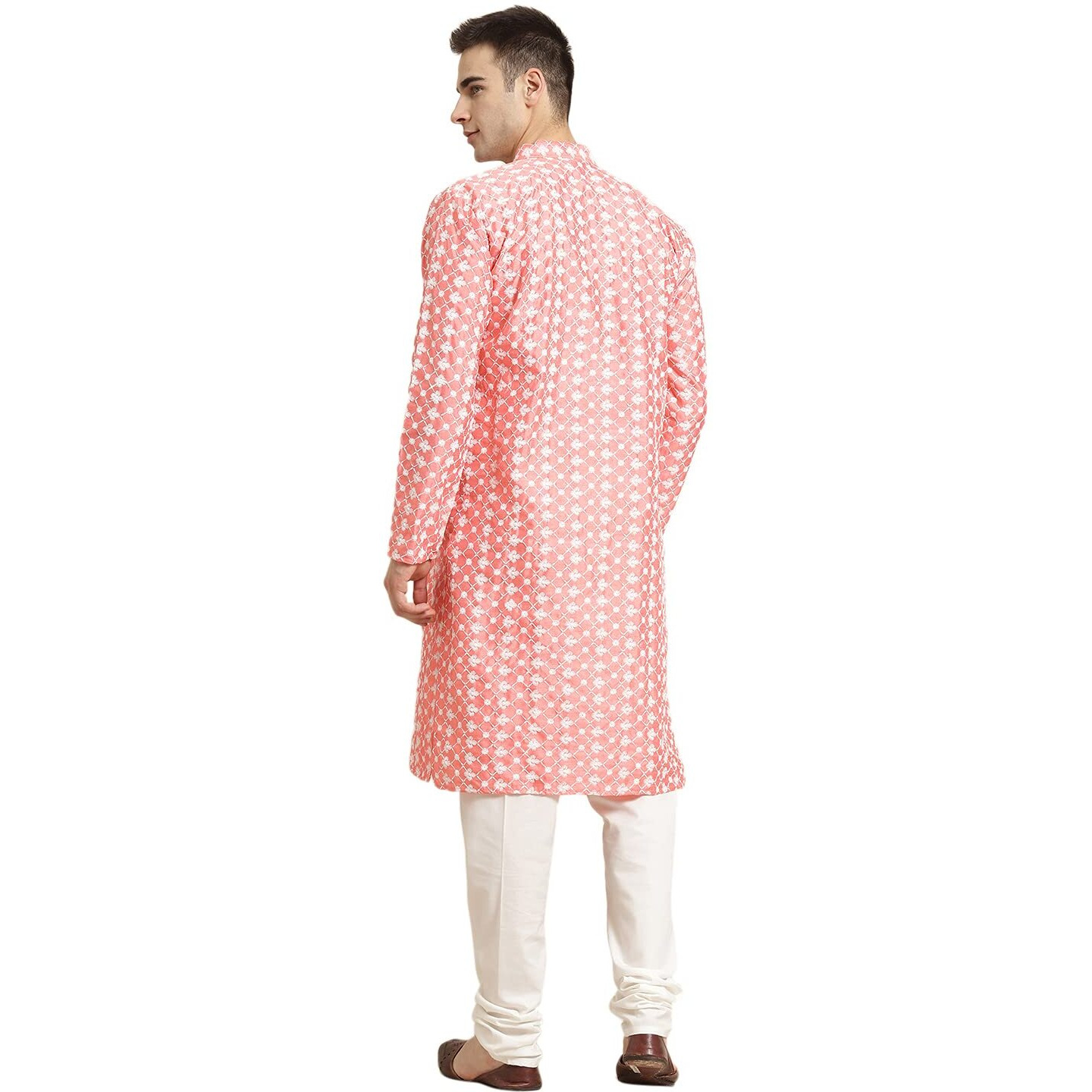 Sojanya (Since 1958, Men's Silk Blend Peach Embroidered Only Kurta, Size 38