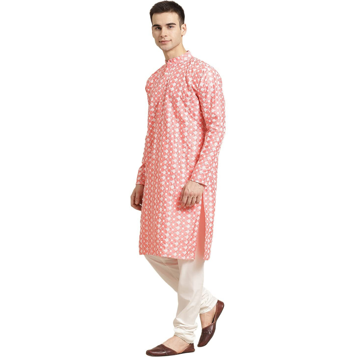Sojanya (Since 1958, Men's Silk Blend Peach Embroidered Only Kurta, Size 38