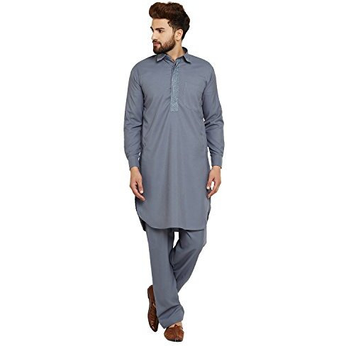 Sojanya (Since 1958, Men's Grey Cotton Blend Pathani Kurta & Salwar Set, Size L