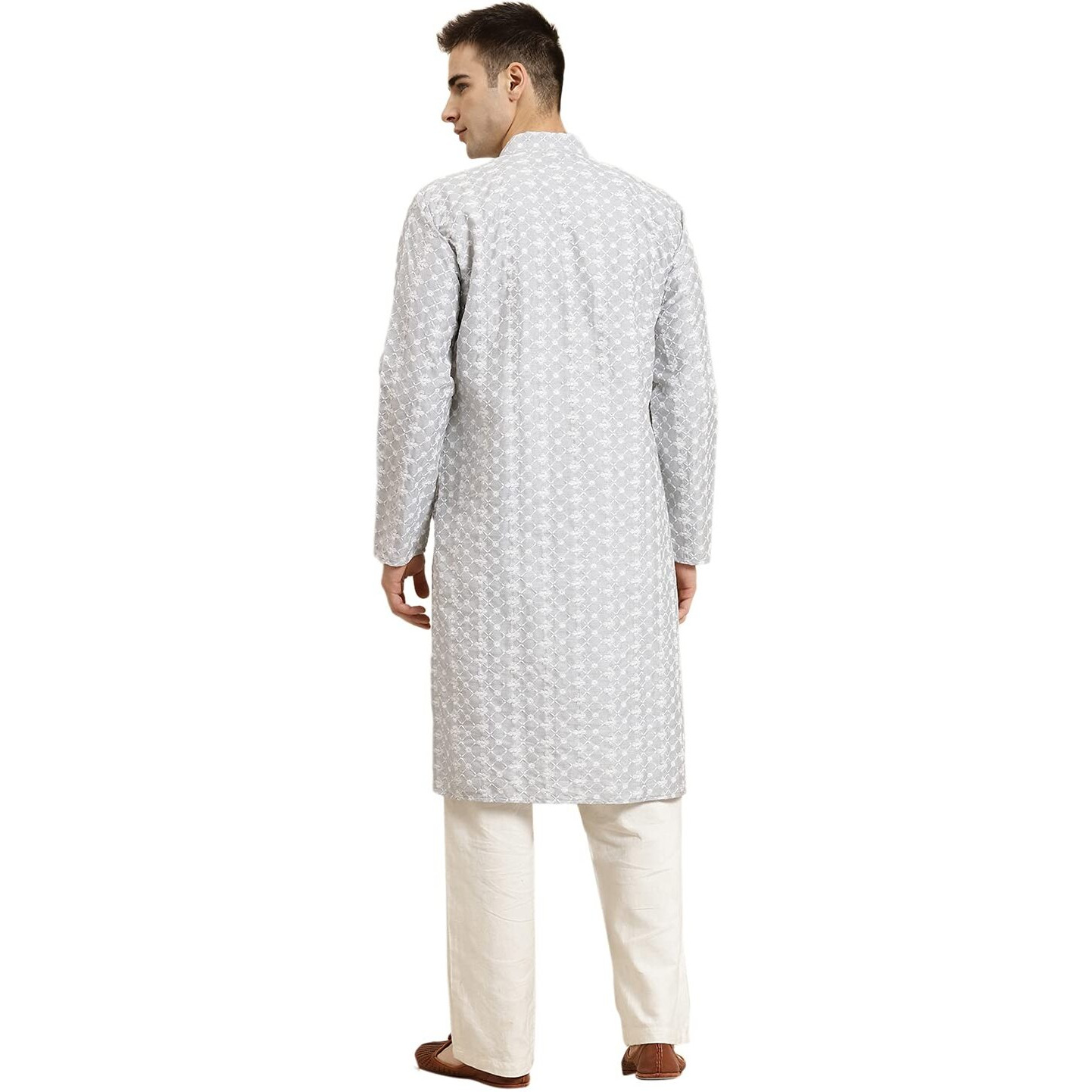 Sojanya (Since 1958, Men's Silk Blend Light Grey Embroidered Only Kurta, Size 44