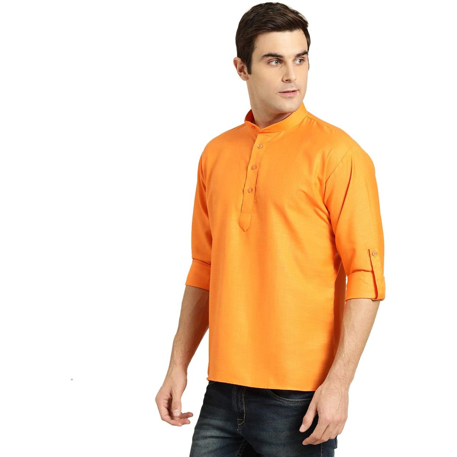 Sojanya (Since 1958, Men's Cotton Orange Short Kurta, Size 44