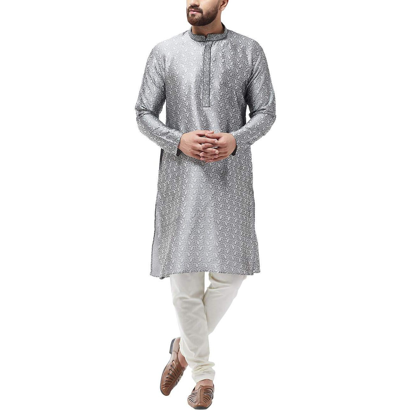 Sojanya Men's Silk Blend Grey Kurta And Off White Churidar Pyjama Set