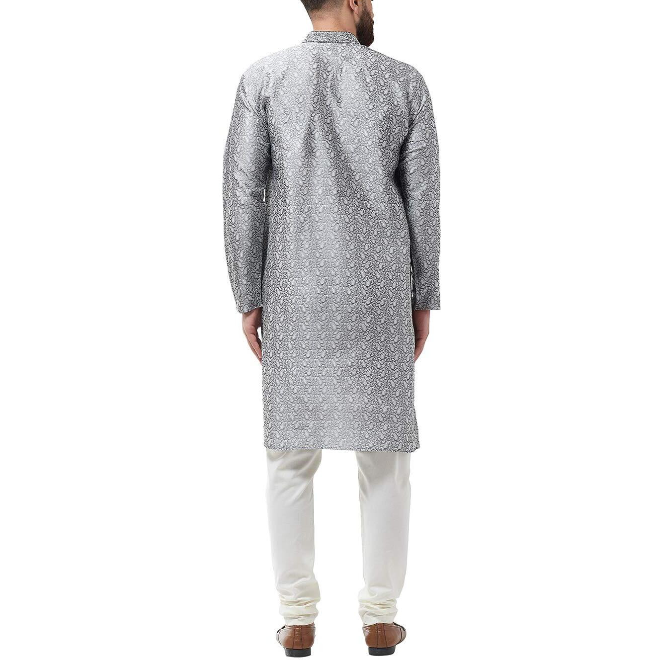 Sojanya Men's Silk Blend Grey Kurta And Off White Churidar Pyjama Set