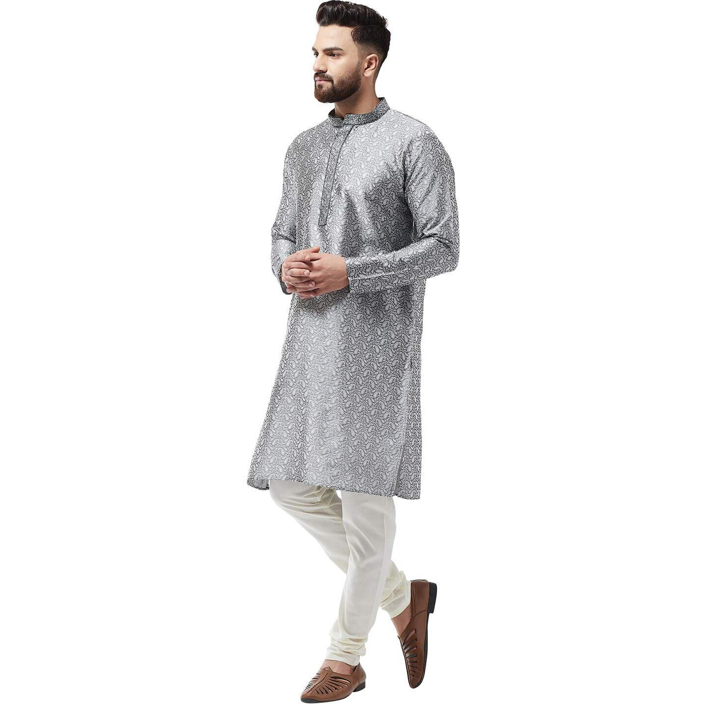 Sojanya Men's Silk Blend Grey Kurta And Off White Churidar Pyjama Set