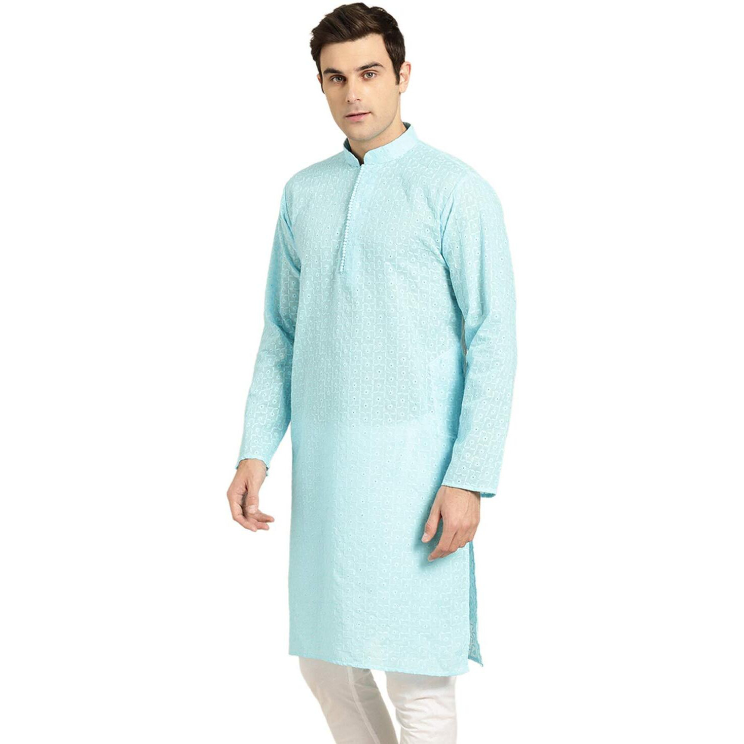 Sojanya (Since 1958, Men's Pure Cotton Sky Blue Embroidered Only Kurta, Size 42