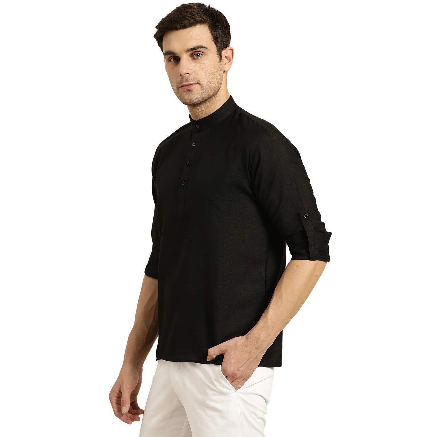 Sojanya (Since 1958, Men's Cotton Black Short Kurta, Size 44