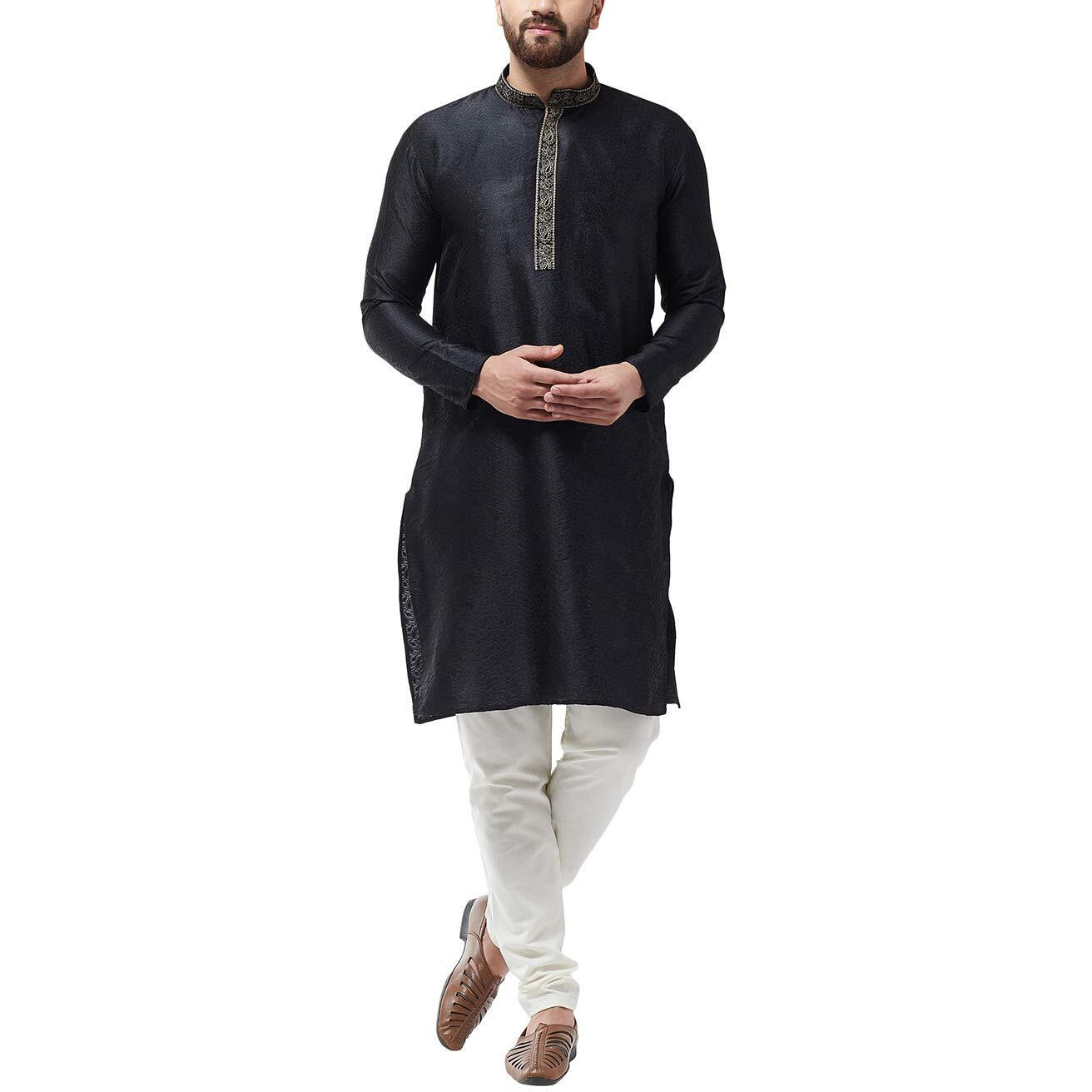 Sojanya (Since 1958, Men's Silk Blend Black Kurta And Off White Churidar Pyjama Set, Size 40