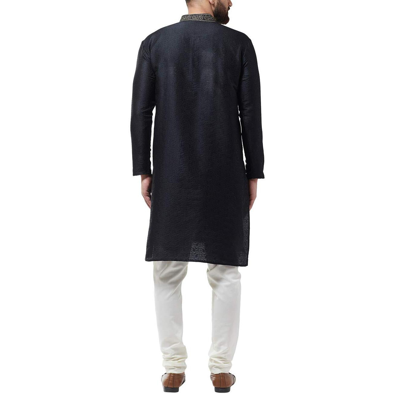 Sojanya (Since 1958, Men's Silk Blend Black Kurta And Off White Churidar Pyjama Set, Size 40