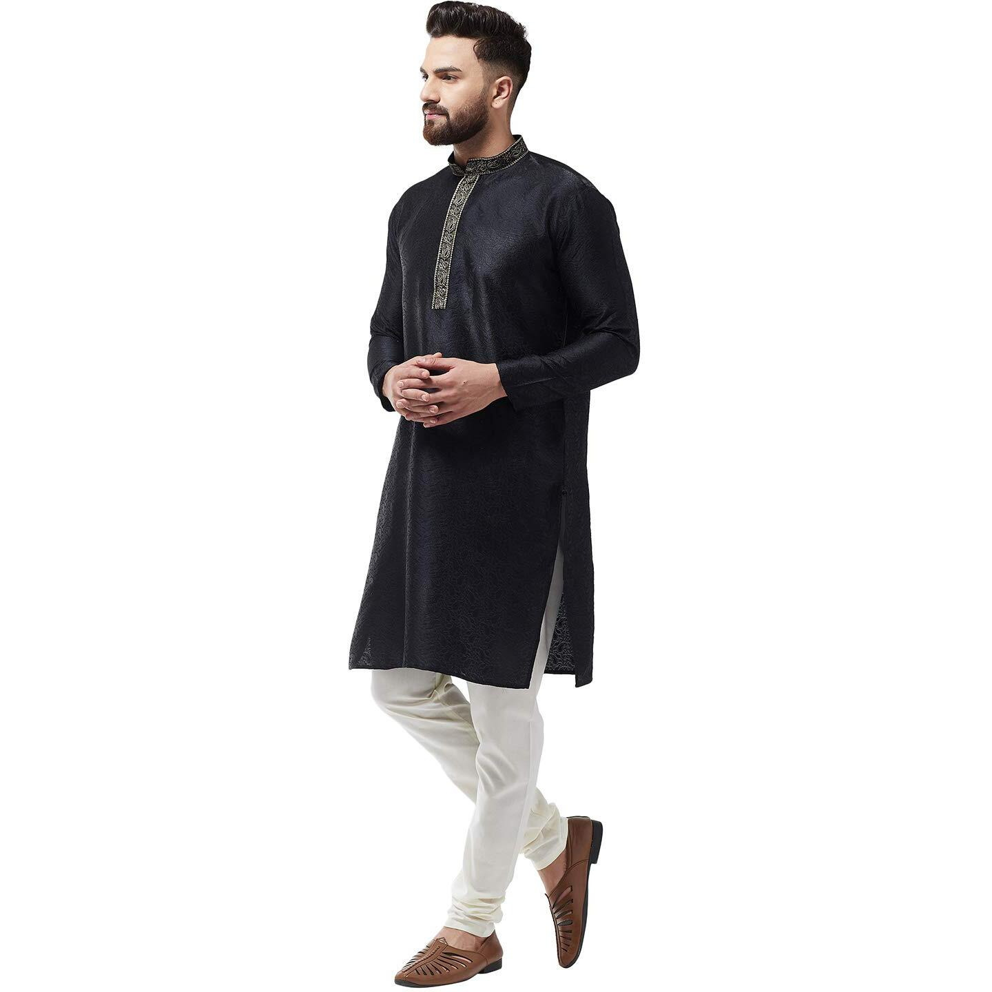 Sojanya (Since 1958, Men's Silk Blend Black Kurta And Off White Churidar Pyjama Set, Size 40