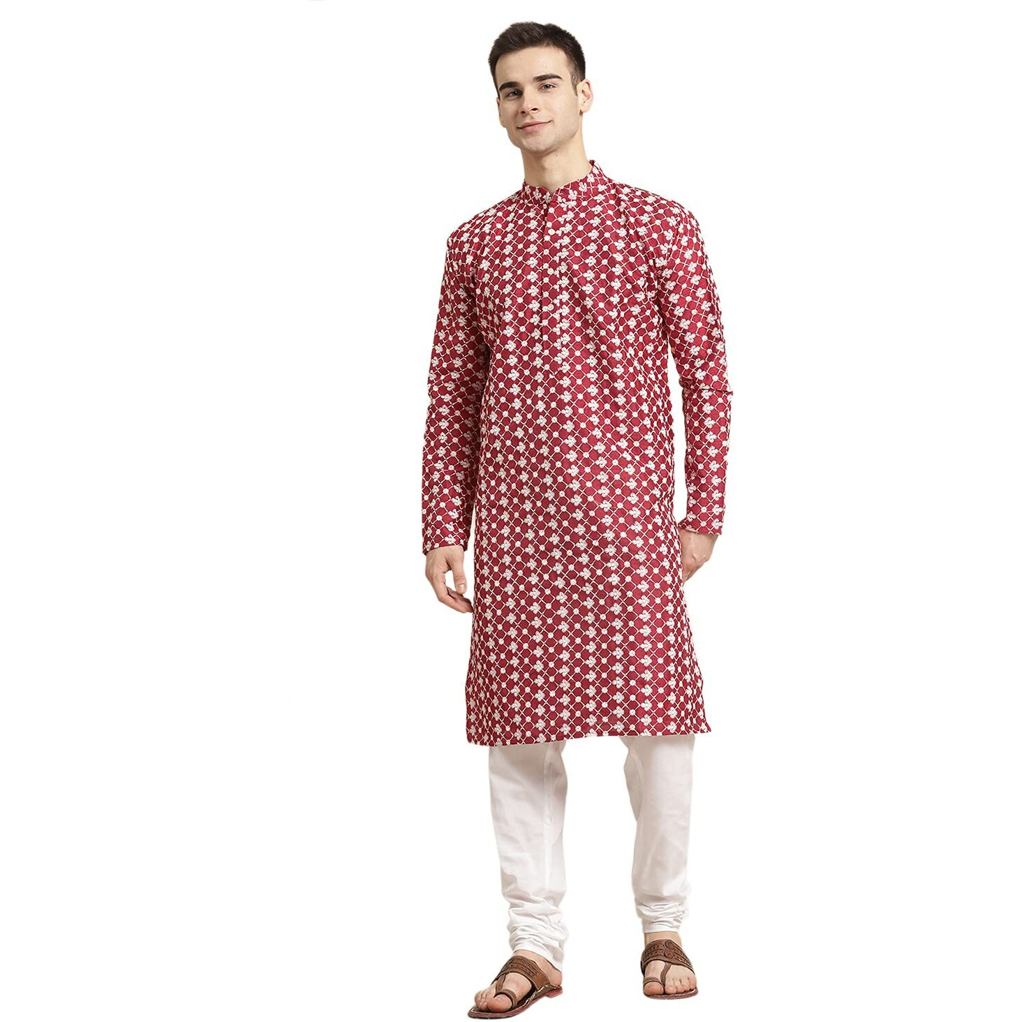 Sojanya (Since 1958, Men's Silk Blend Maroon Embroidered Only Kurta, Size 44